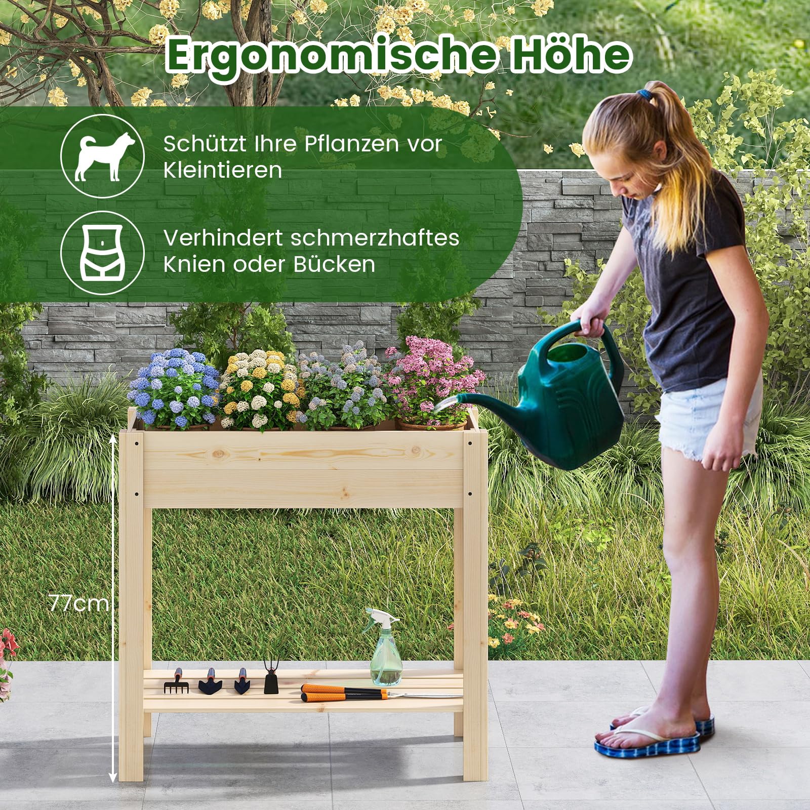 COSTWAY Podwyższona grządka ogrodowa z półką, podwyższona grządka ogrodowa z drewna, skrzynka na rośliny z drenażem, grządka warzywna, na zioła, duża, na balkon, do ogrodu, na taras, 81 x 37 x 77 cm