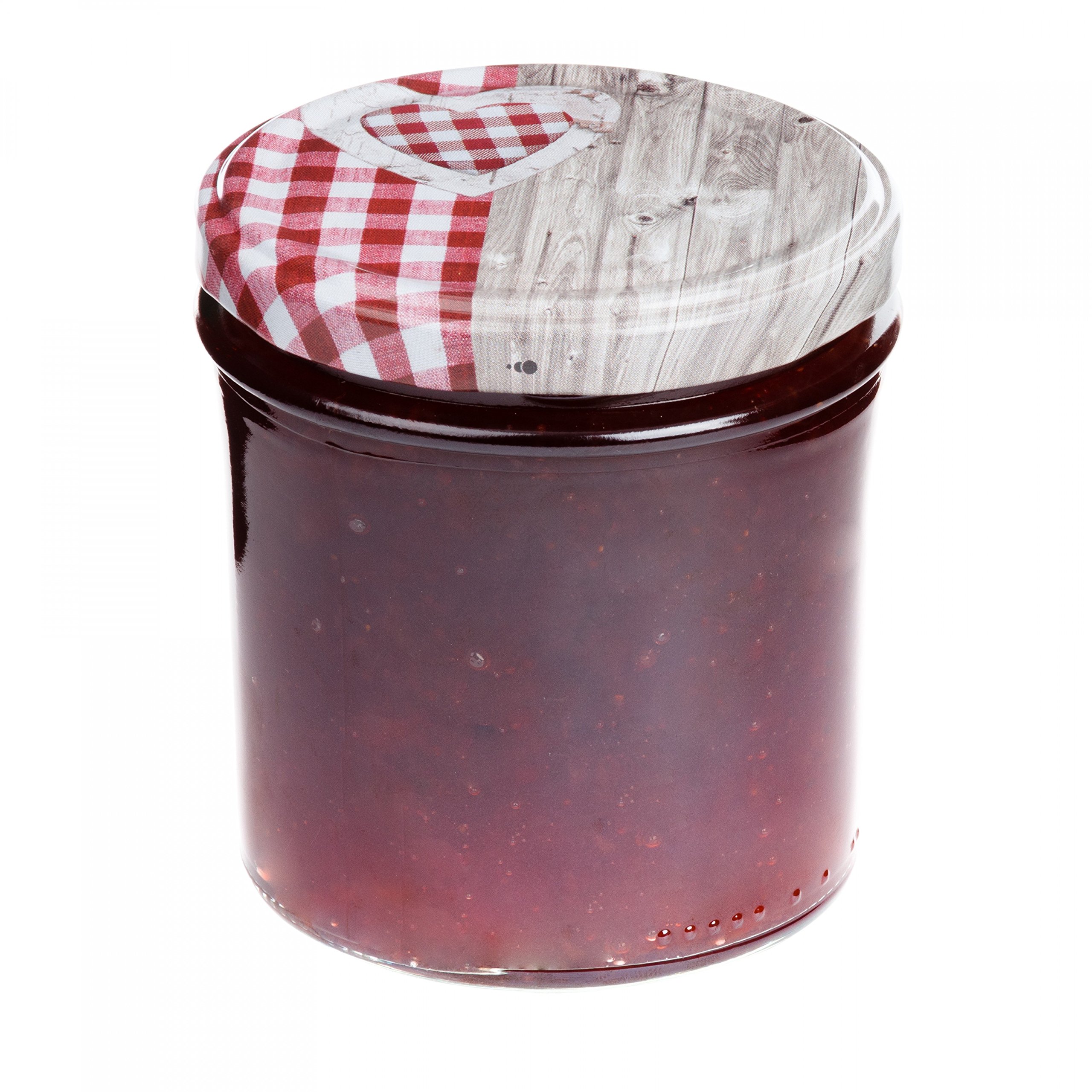 MamboCat - Set di 50 vasetti in vetro da 350 ml, con coperchio Twist-Off a forma di cuore in legno a quadretti rossi e ricettario incluso