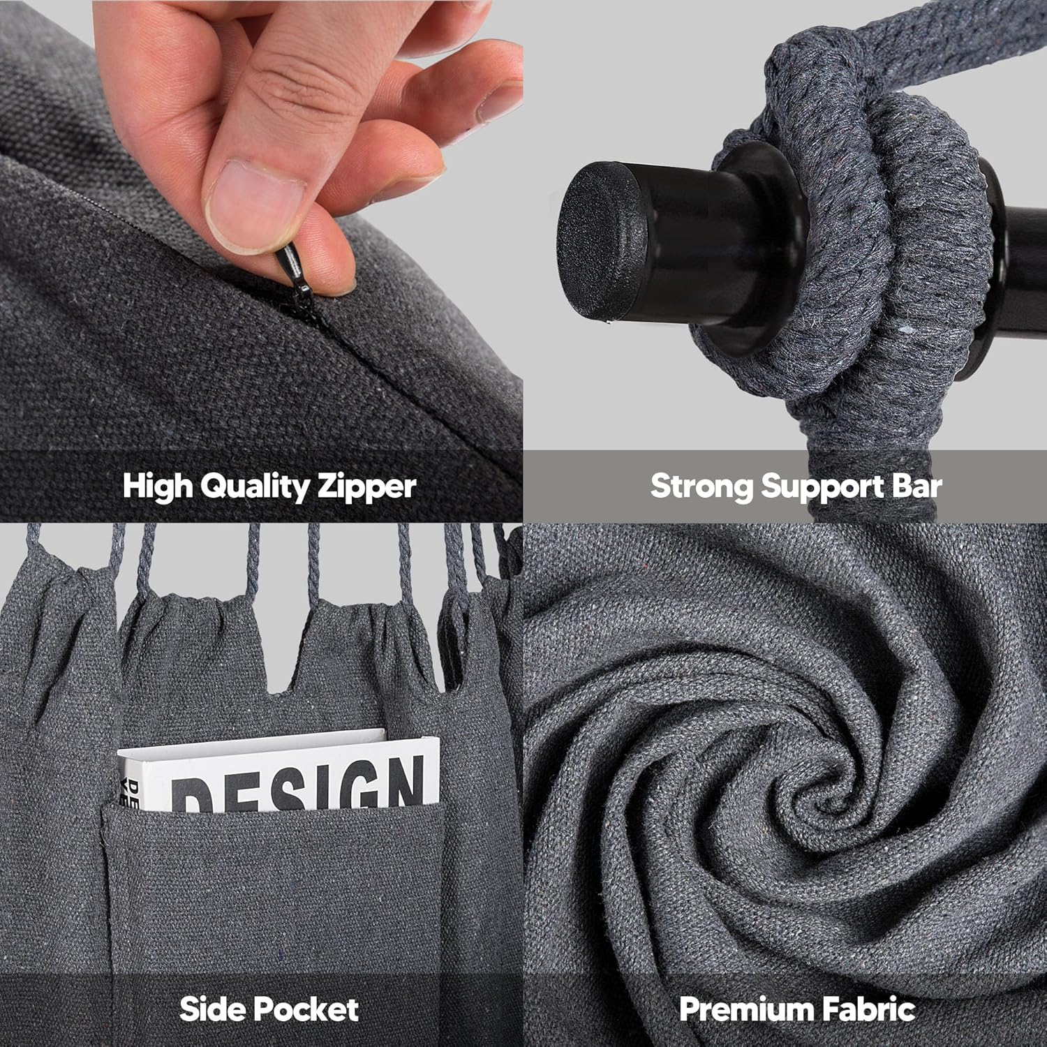 SUNCREAT Hammock Chair Swing with Steel Support Bar, Side Pocket, Large Hanging Chair Outdoor, Max 450lbs Capacity, Dark Gray