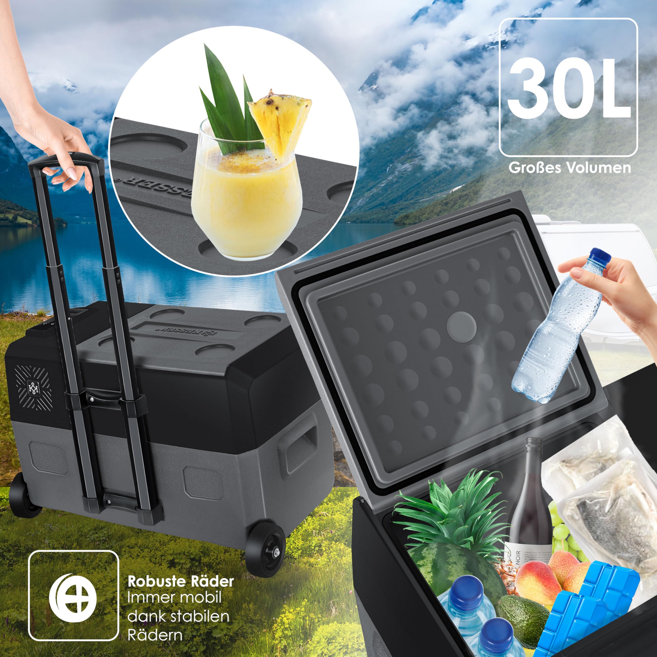 KESSER® Frigobar a compressore 30 litri Frigocongelatore Elettrico con Controllo Tramite App Connessione USB 12/24 V 230 V + Ruote telescopiche Frigorifero Raffreddamento Fino a -20 °C per Auto