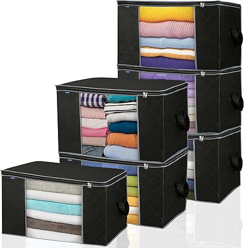 Royale Paquete de 6 bolsas de almacenamiento de ropa de gran capacidad con asa fuerte, bolsa de tela de 90 L, cierre de cremallera, contenedor de