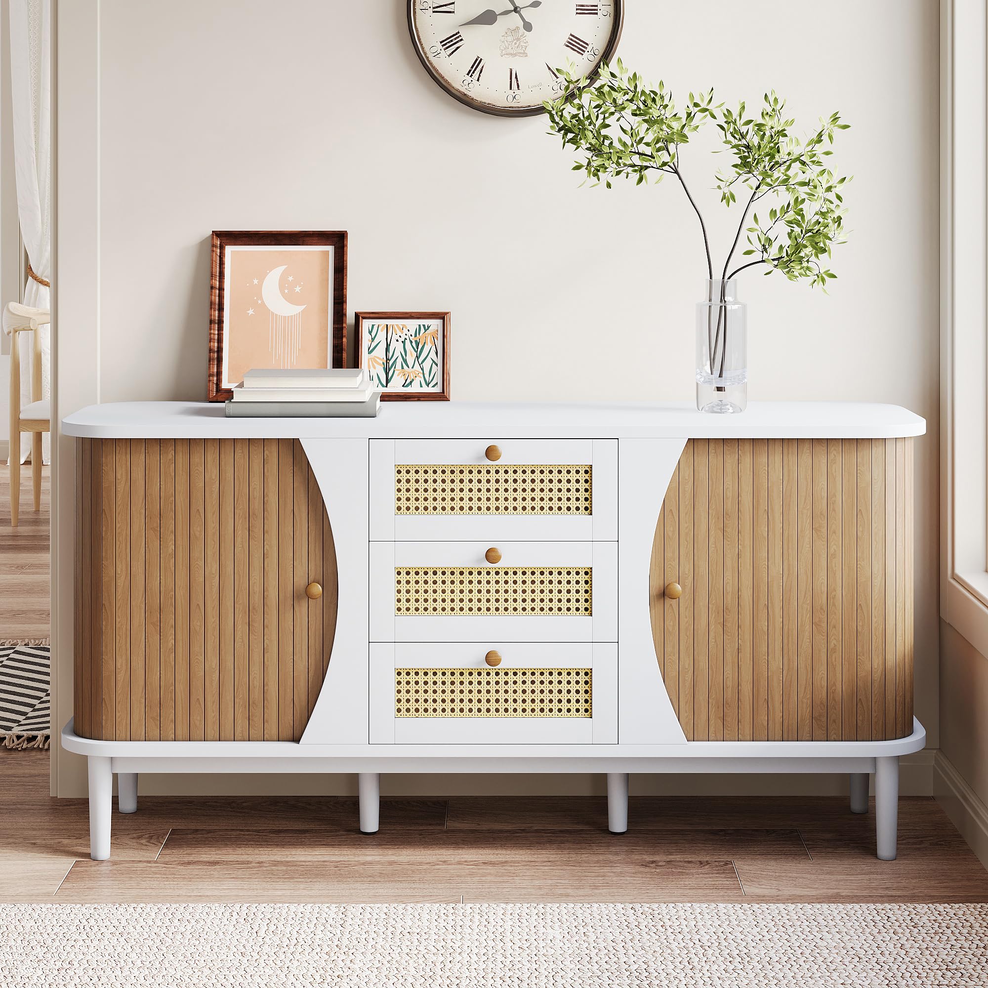 Cassettiera in rattan bianco, stile boho, 140,5 cm, con cassetti in rattan, design arrotondato, per soggiorno, sala da pranzo, corridoio
