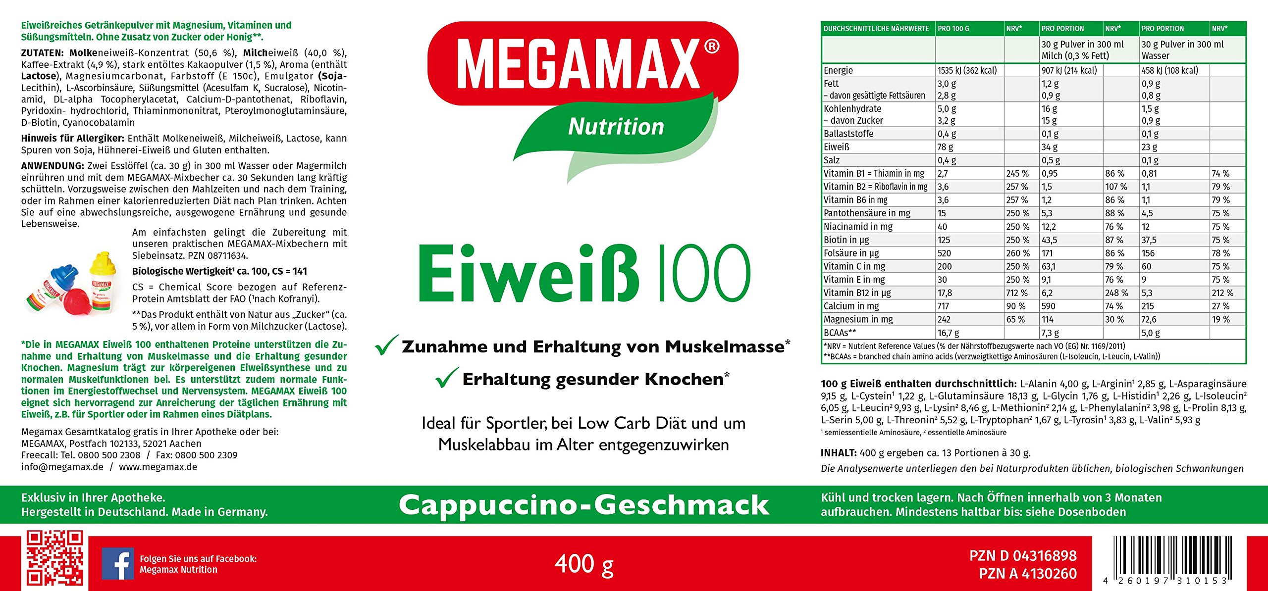 Megamax Eiweiss Cappuccino 400 g | Molkenprotein + Milcheiweiß Für Muskelaufbau ,Diaet | 2k-Eiweiss ideal zum Backen | hochwertiges Low Carb Eiweiß-Shake | aspartamfrei Eiweiß-pulver mit Aminosäure