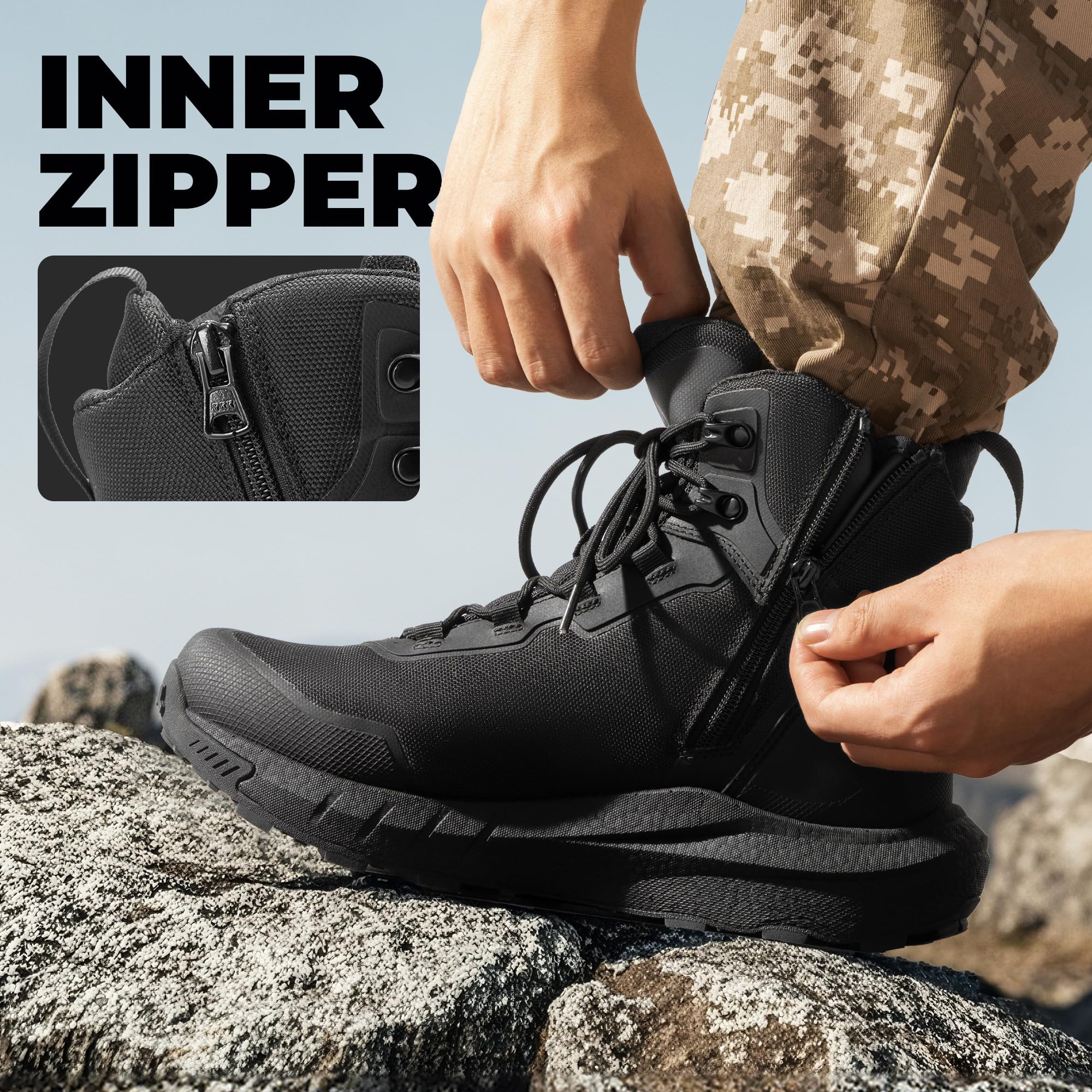 NORTIV 8 Herren Taktische Wanderschuhe Leichte Dämpfungssohle Stiefel für den ganzen Tag Seitlicher Reißverschluss Motorrad Kampf Militärstiefel
