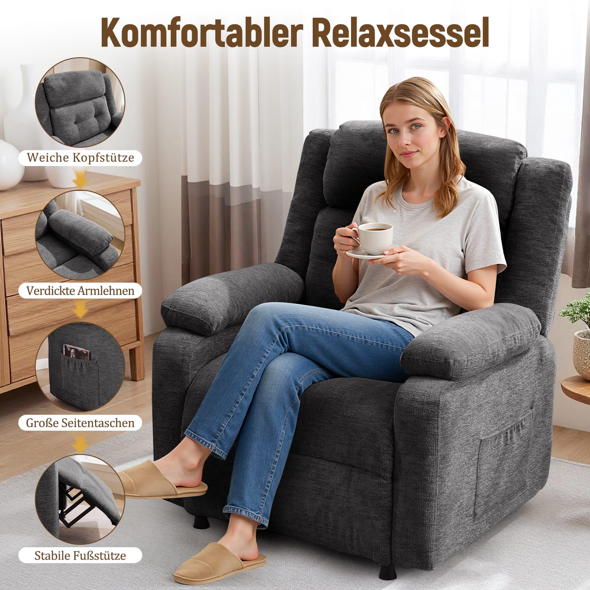 Korser Fernsehsessel Elektrisch Verstellbar für Erwachsene, Oversized Relaxsessel mit Liegefunktion und Dicken Kissen, TV Sessel aus Chenille-Stoff für Wohnzimmer und Schlafzimmer (Grau)