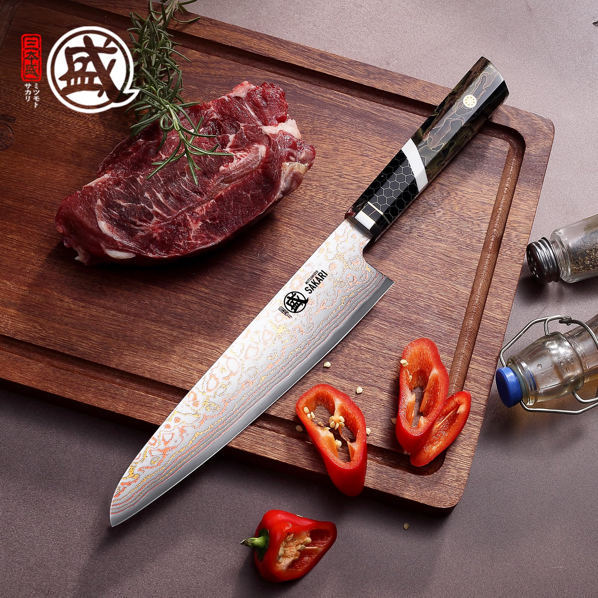 MITSUMOTO SAKARI Nóż Gyuto 21 cm, Nóż Szefa Kuchni z Damasceńskiej Stali | Uniwersalny Nóż Kuchenny, Wysokiej Twardości HRC 60±1, Ręcznie Kutym Rdzeniem Stalowym