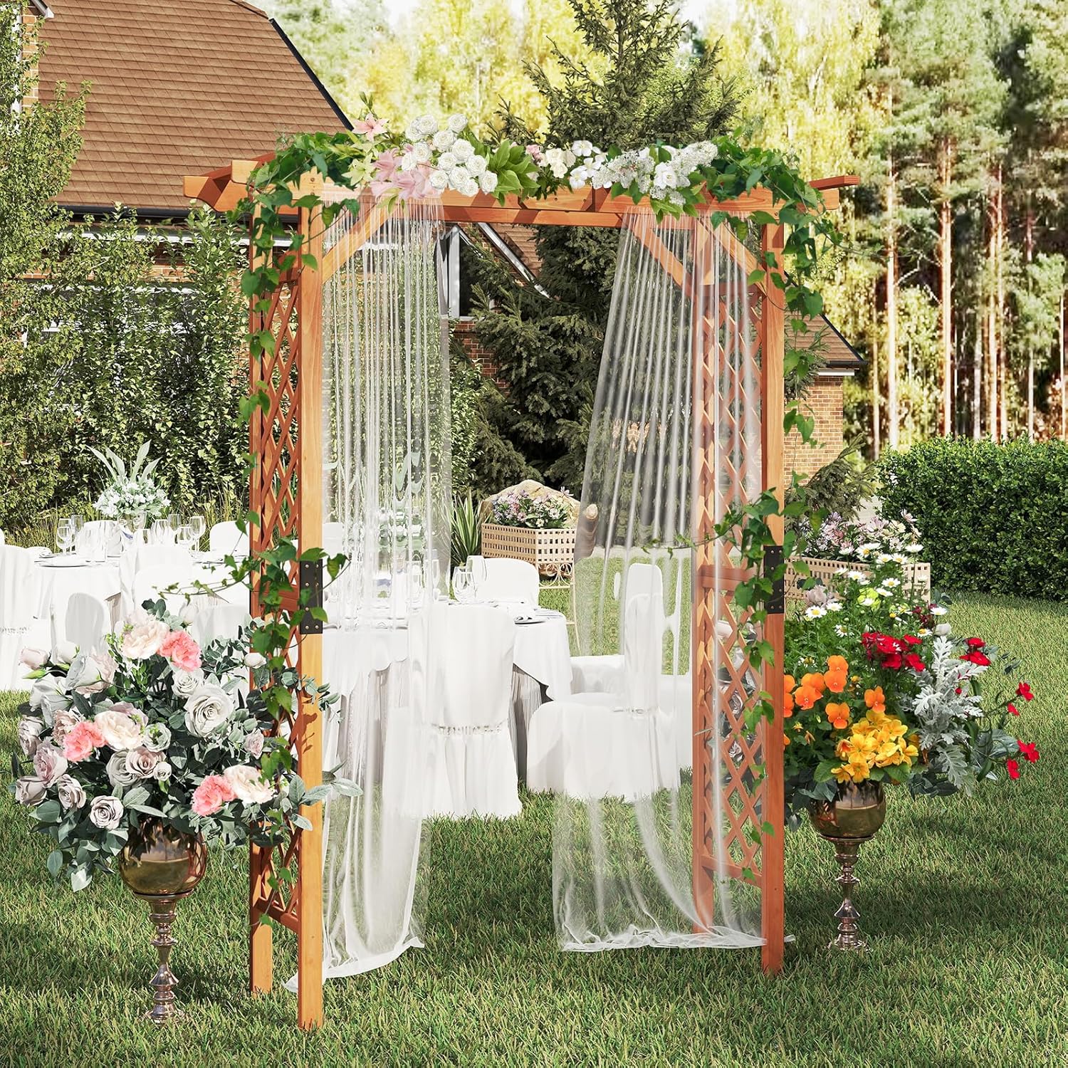 Moccha Wood Garden Arch, 7.3Ft Outdoor Pergola Archway for Climbing Plant Rose Vines, 88 Inch Backdrop Stand Wedding Arches, Garden Arbor Trellis for Lawn Bridal Party Decoration Ceremony