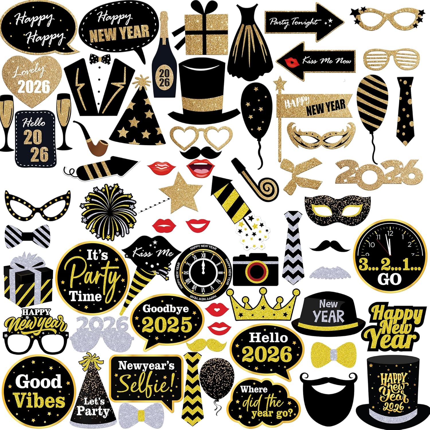 KatchOn, Pack of 68, Glitter New Years Photo Booth Props 2026 | New Years Eve Photo Booth with New Years Photo Booth Props 2026 | New Years Eve Photo Booth