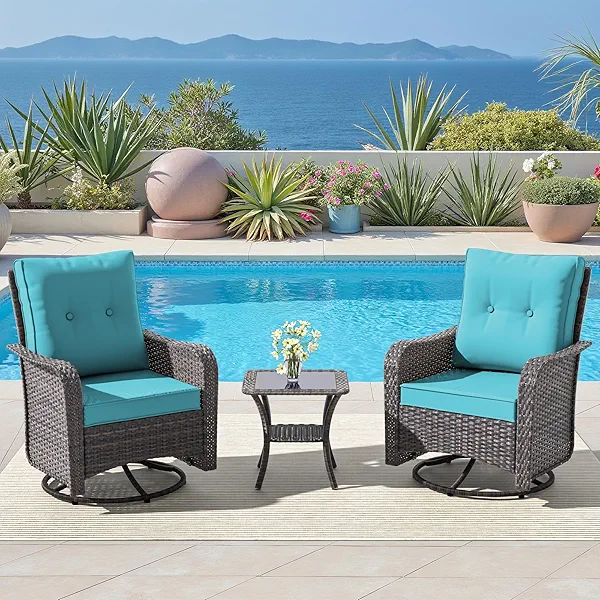 ALAULM Outdoor Swivel Rocking Chairs Set of 2 with 4”Thick Cushions and High Back,Wicker Patio Chairs w/Side Table for Patio, Porch, Poolside, Deck, Backyard, Garden-Blue