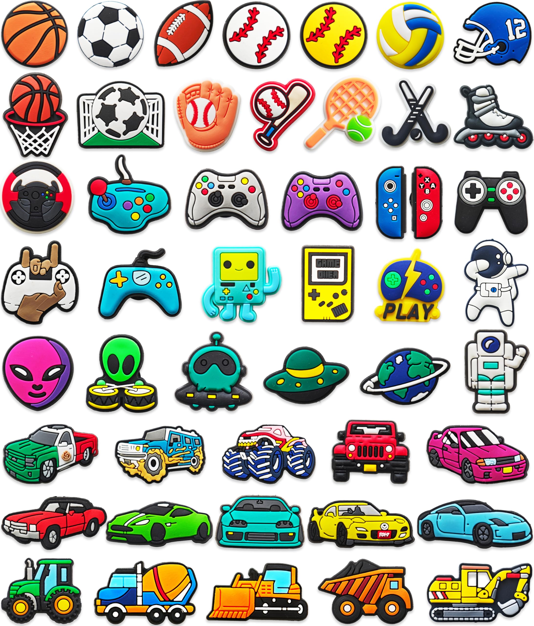 48 PCS Shoe Charms for Boys Girls & Kids : Sports Car Truck Video Game and Space Decoration Pins for Clogs - Shoe Accessories - Party Favors Gifts