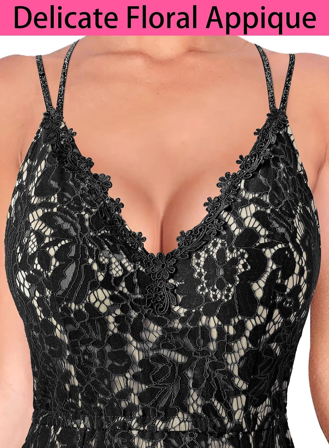 VFSHOW Womens Sexy V Neck Floral Lace Formal Prom High Slit Maxi Dress 2023 Spaghetti Strap Wedding Guest Evening Long Gown - Image 3