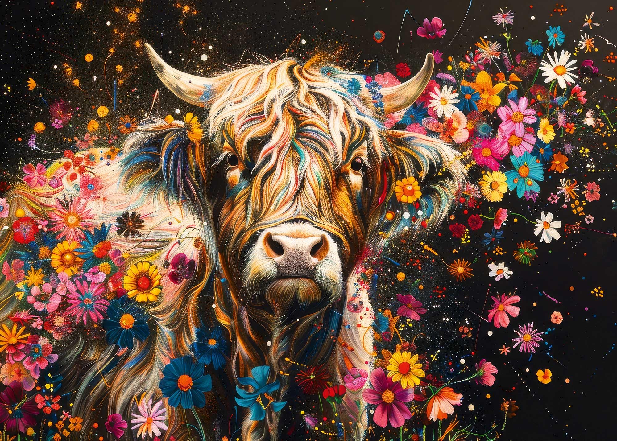 Ulmer Puzzleschmiede - 2000 elementów puzzle "Flower Cow" - kreatywny obraz krowy z kolorowymi kwiatami na ciemnym tle - artystyczny portret zwierząt - jakość Made in Germany