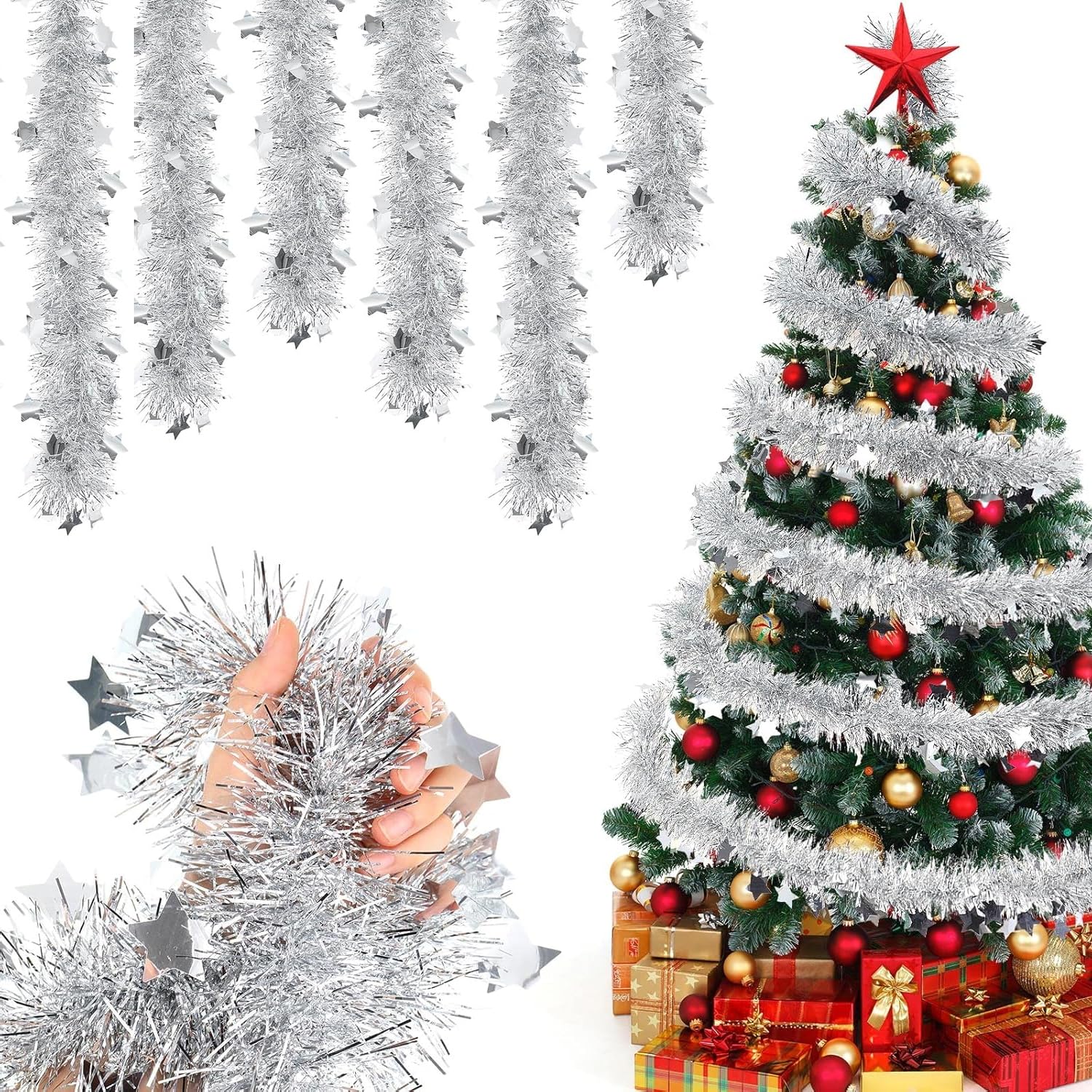 Ghirlanda Di Orpelli per Albero Di Natale Da 6 Pezzi, Ghirlanda Di Decorazioni Natalizie 2m, Ghirlanda Di Decorazioni per Albero Di Natale, Ghirlanda Di Natale (Argento)