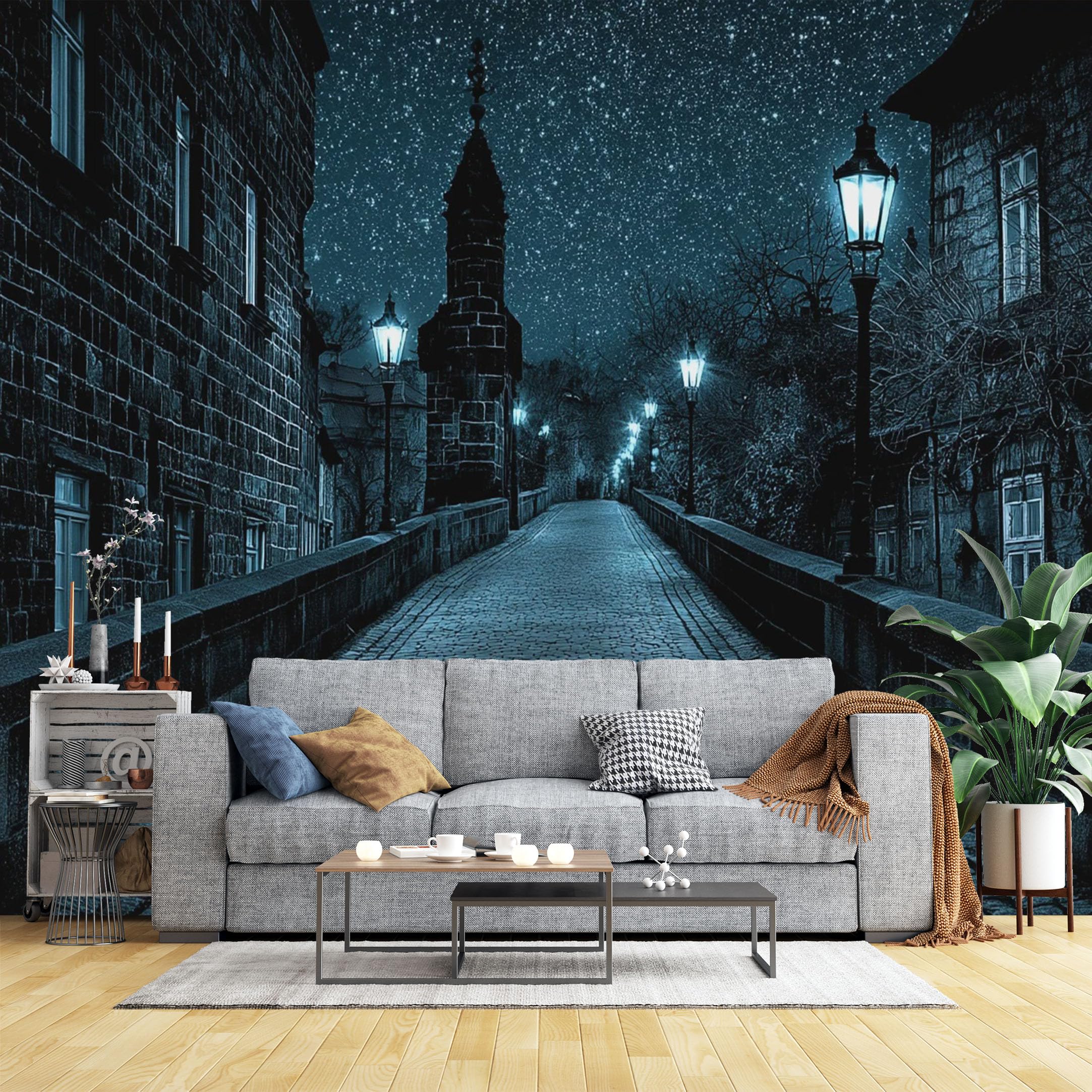 Custom Size Wall Murals Starry Night Cobblestone Street Wall Murals Moody Urban Landscape Wallpaper, Full Wall Self-Adhesive Removable Wallpaper for Bedroom