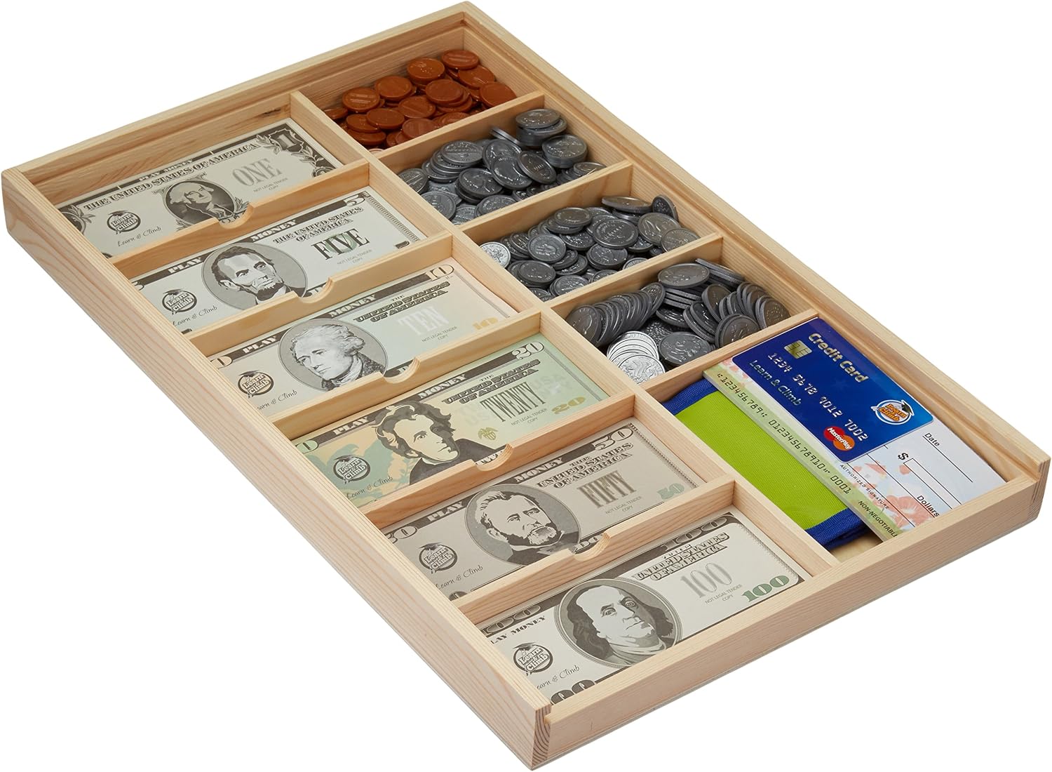 Learn & Climb Educational Play Money Set - Over 560 Pieces. Replica of Bills-Coins-Wallet-CC-Checks+ Lid.