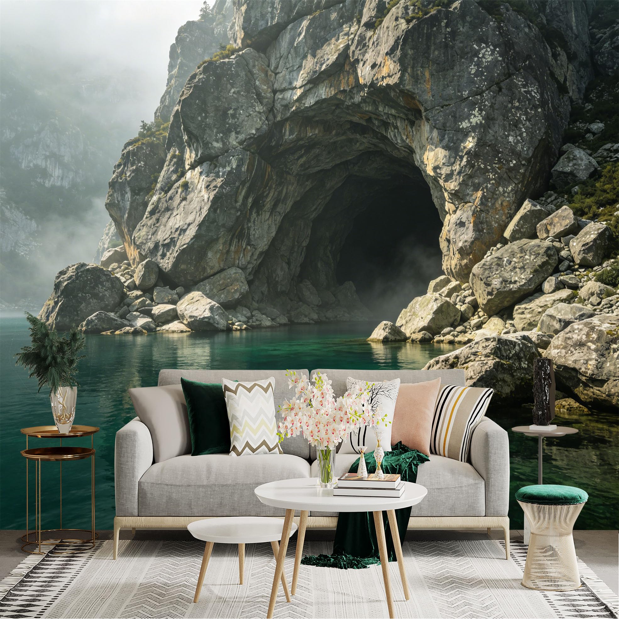 Lnzczhyre Dbh260521295 Custom Size Wall Sticker Mural， Mysterious Mountain Cave， Clear Turquoise Lake， Rocky Shoreline， Misty Atmosphere， For Wall Decoration， Peelandstick Wall Decals.