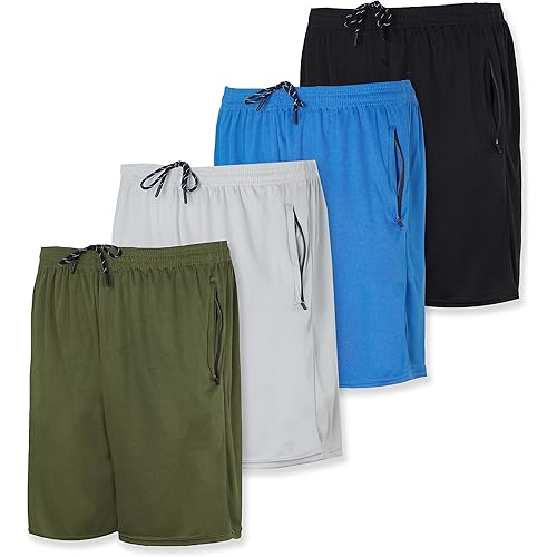 Real Essentials 4 Pack: Men's 7" Athletic Running Quick Dry Mesh Shorts with Zipper Pockets (Available in Big & Tall)
