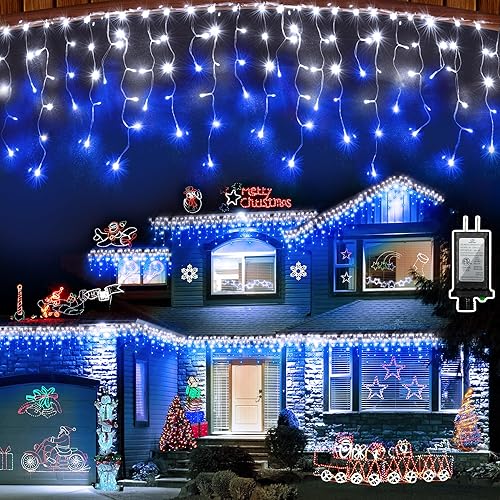 810 luces LED de Navidad para interiores y exteriores, 82 pies, tira de luces azules y blancas con 180 gotas, 12 modos de luces de cortina