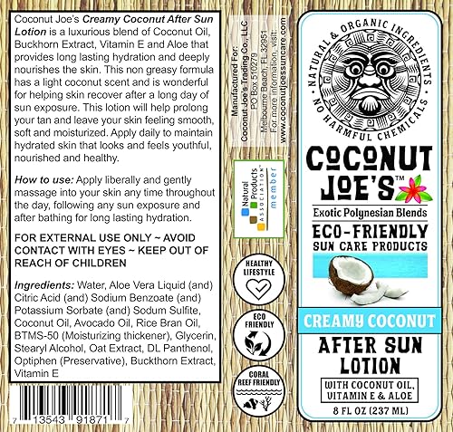 Paquete de 3 unidades especiales | Loción cremosa de coco después del sol de Coconut Joe's | Enriquecida con aceite de coco, vitamina E y aloe,