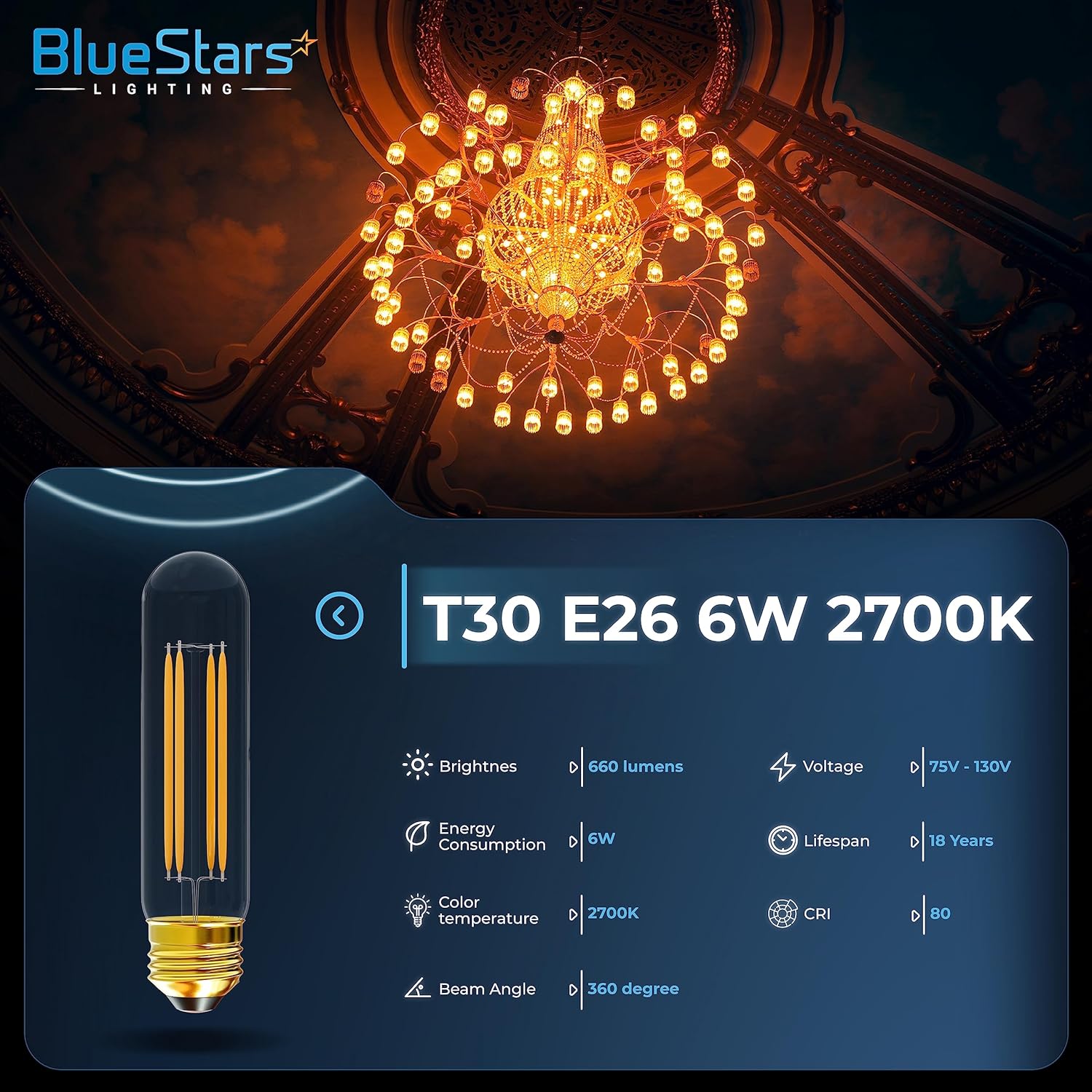 BlueStars 6-Pack T10 Tubular LED Light Bulbs T30 E26 Medium Base, 6W 5.0in 2700K Warm White, 60W Equivalent, DIMMABLE, 660 lumens for Pendants, Wall Sconces, Chandeliers Home Decoration