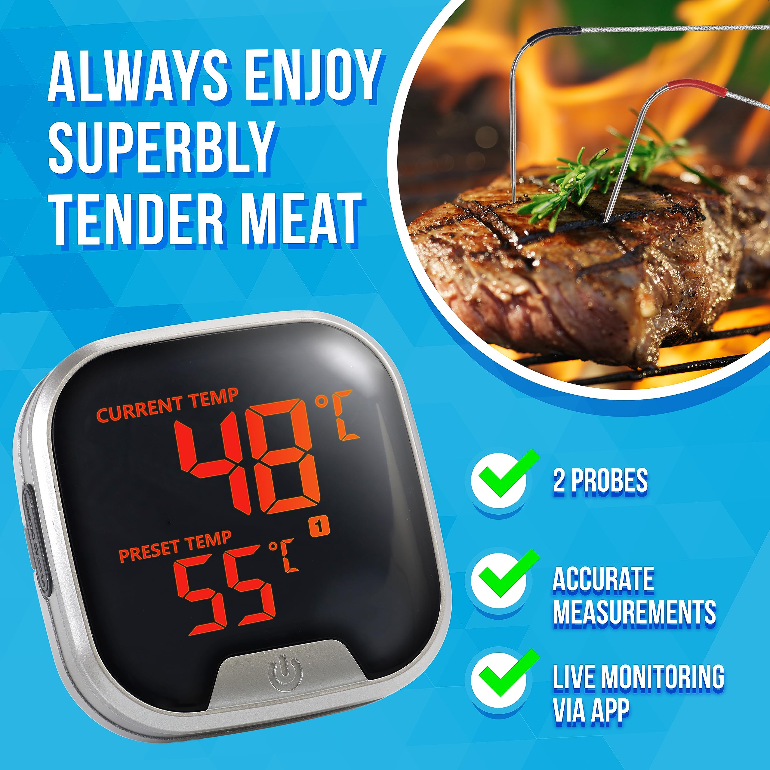 Silvergear® Fleischthermometer mit App | Grillthermometer Kabellos Bluetooth | BBQ Thermometer mit 2 Temperaturfühlern | 40m Reichweite | Digital Braten-Thermometer für Grill & Backofen| USB-Aufladbar
