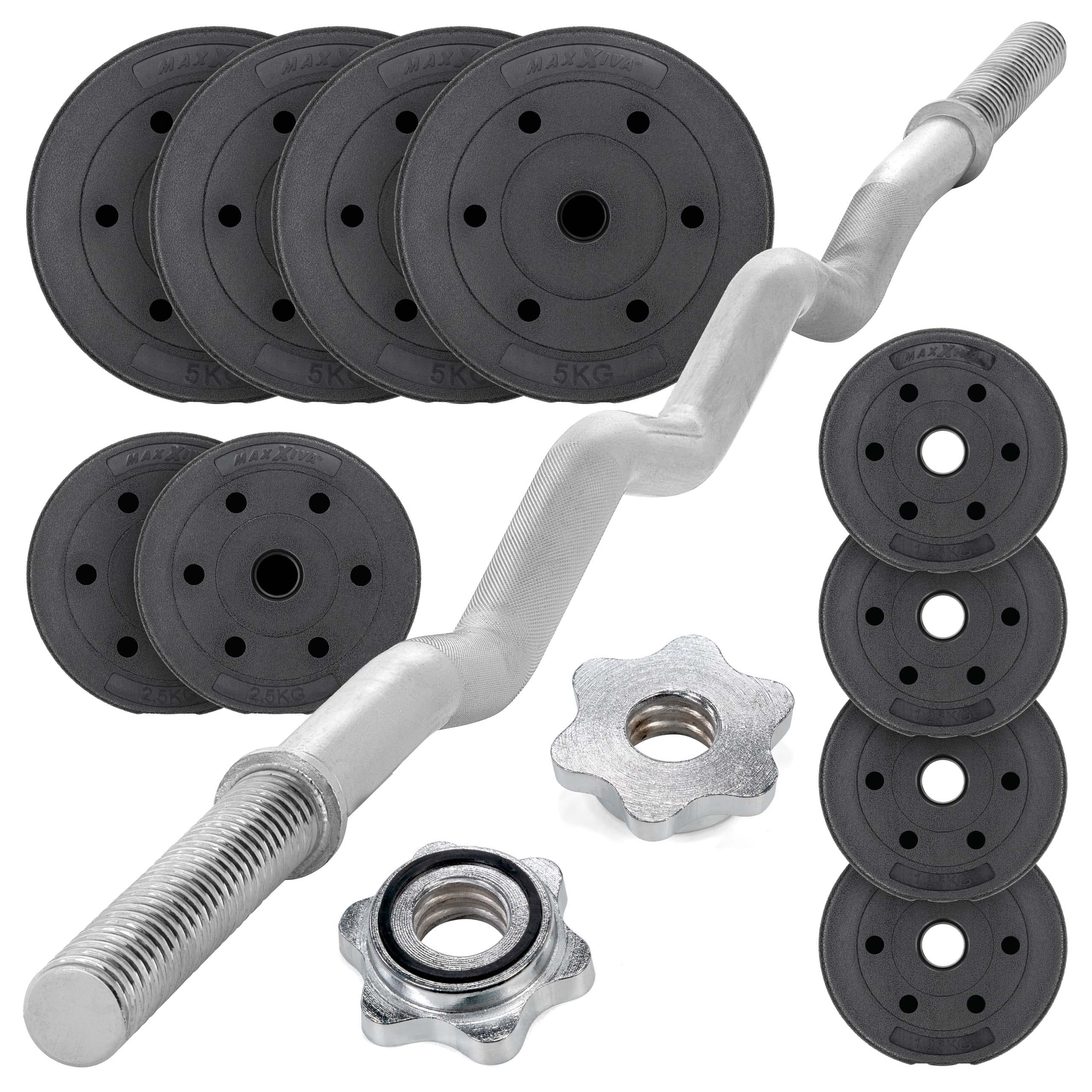 Curl-Set 130 cm 35 kg 10 Gewichte Zementfüllung Krafttraining Zugstange silber verchromt Bodybuilding Fitness Schraubverschlüsse Gewichtheben Sternverschlüsse