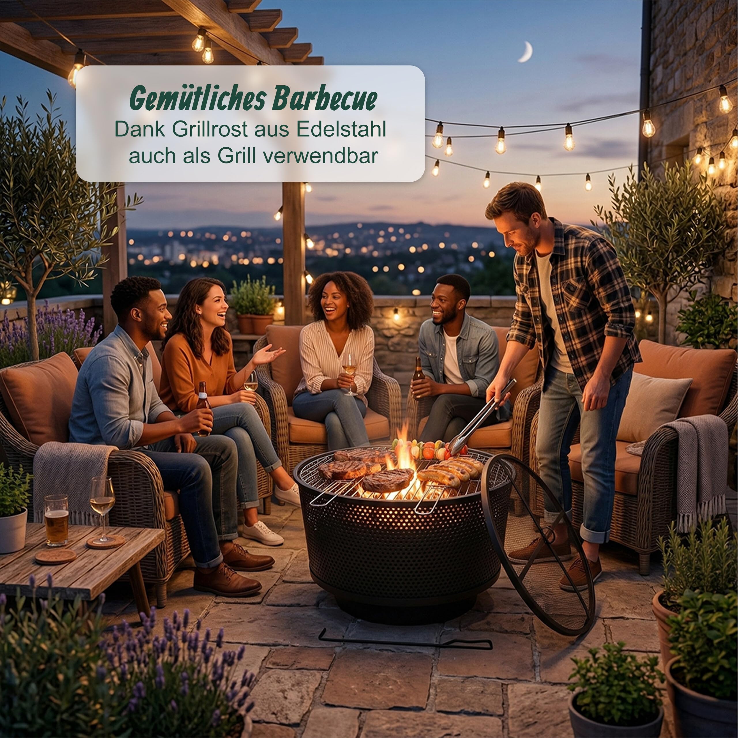 Relaxdays Feuerschale, Ø 61 cm, mit Grillrost, Funkenschutz & Schürhaken, 3 in 1 Feuerstelle Garten, Feuerkorb, schwarz