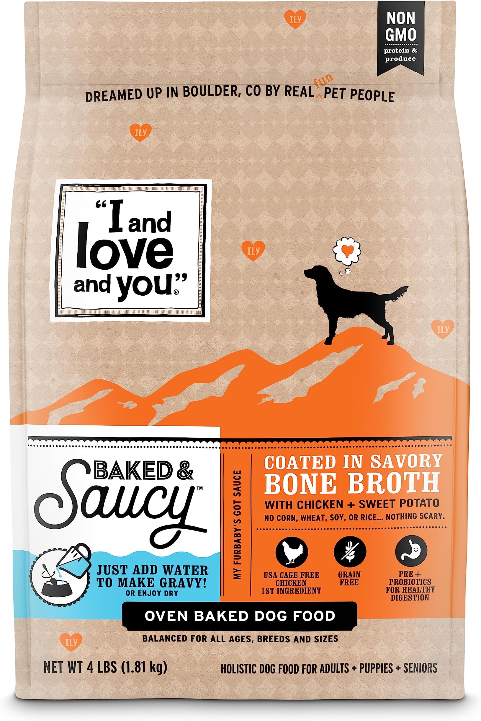 - I AND LOVE AND YOU Baked and Saucy Dry Dog Food - Chicken + Sweet Potato - Prebiotic + Probiotic, Real Meat, Grain Free, No Fillers, 4lb Bag