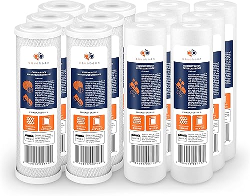 Aquaboon Juego de 12 cartuchos de filtros de agua de 5 micrones, 10 x 2.5 pulgadas, repuesto de filtro de sedimento y carbono compatibles con
