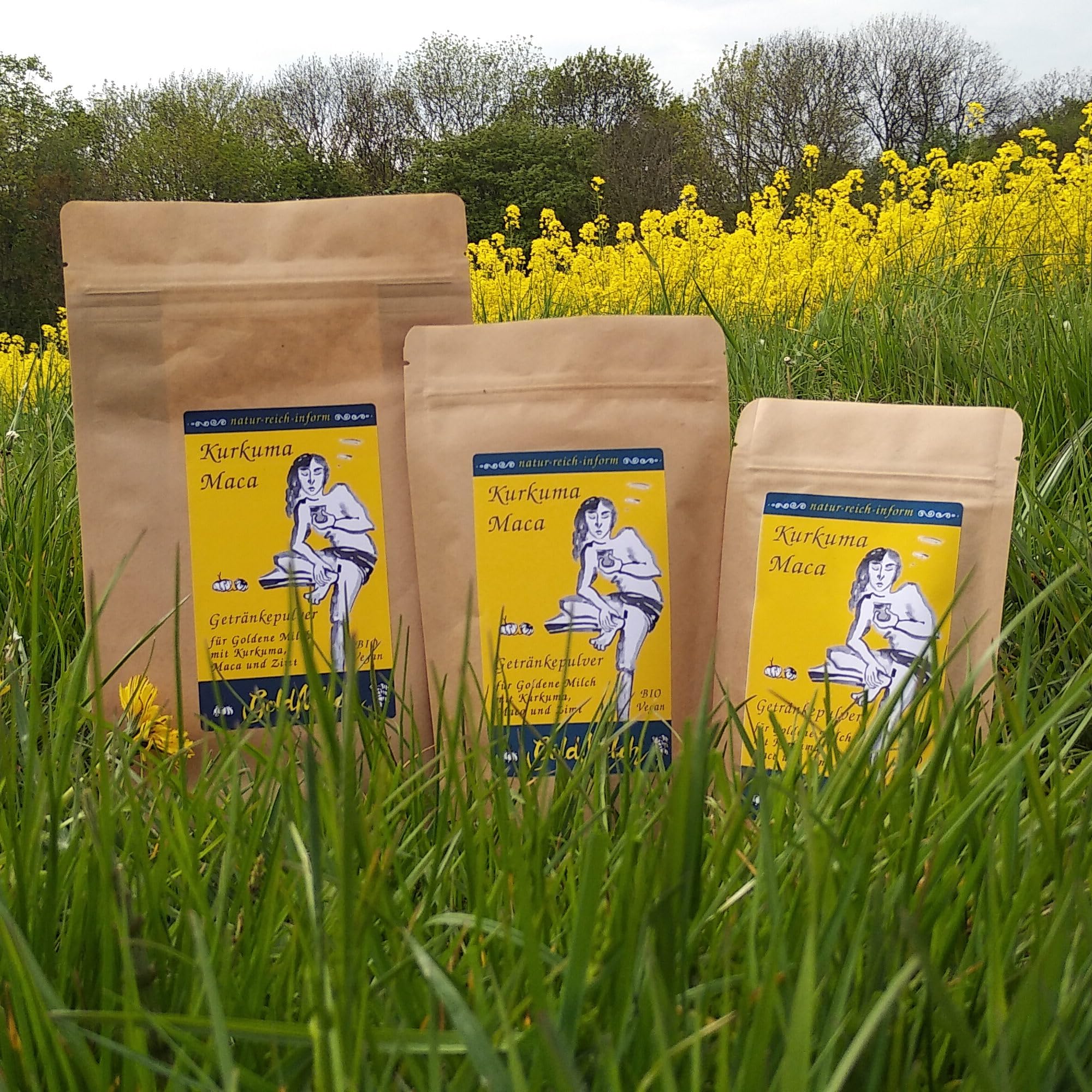 GoldMilch mit Kurkuma, Maca & Carob – Getränkepulver für Goldene Milch | Frei nach ayurvedischer Tradition | gesüßt mit Kokosblütenzucker | 750g = 75 Tassen | Bio, Vegan & Fair | Sächsische Manufaktur