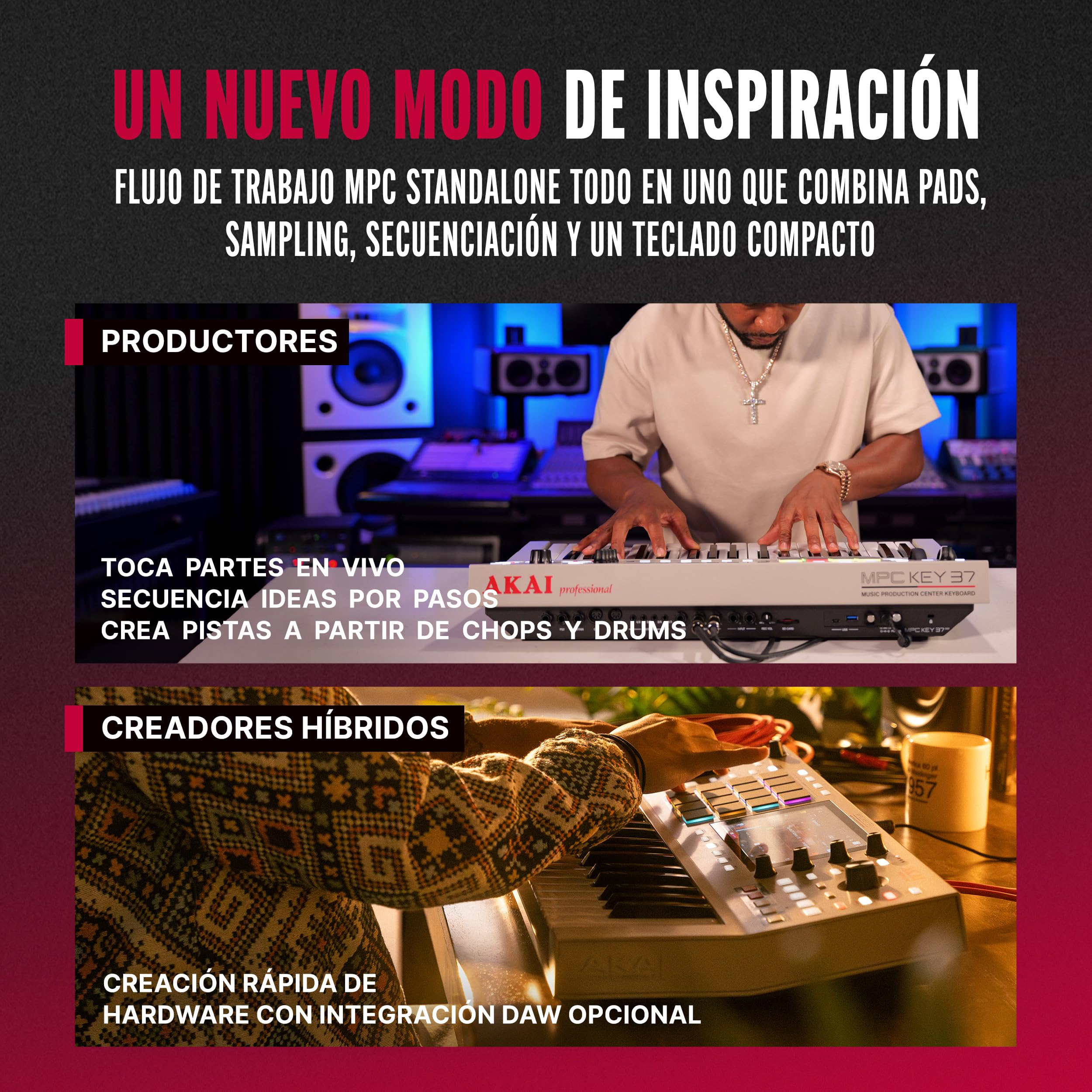 Akai Professional MPC Key 37 G2 Teclado de Producción Autónomo Next-Gen | Sintetizador para Productores, Sampling y Sequencing, con USB-C, 37 Teclas, 16 Pads MPC, Procesador 8-core, 4 GB RAM