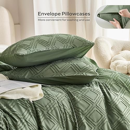 Miniatura 5 de JELLYMONIJuego de funda de edredón verde individual, 3 piezas, de microfibra estilo capitoné, texturizado, bohemio, patrón geométrico de rombos