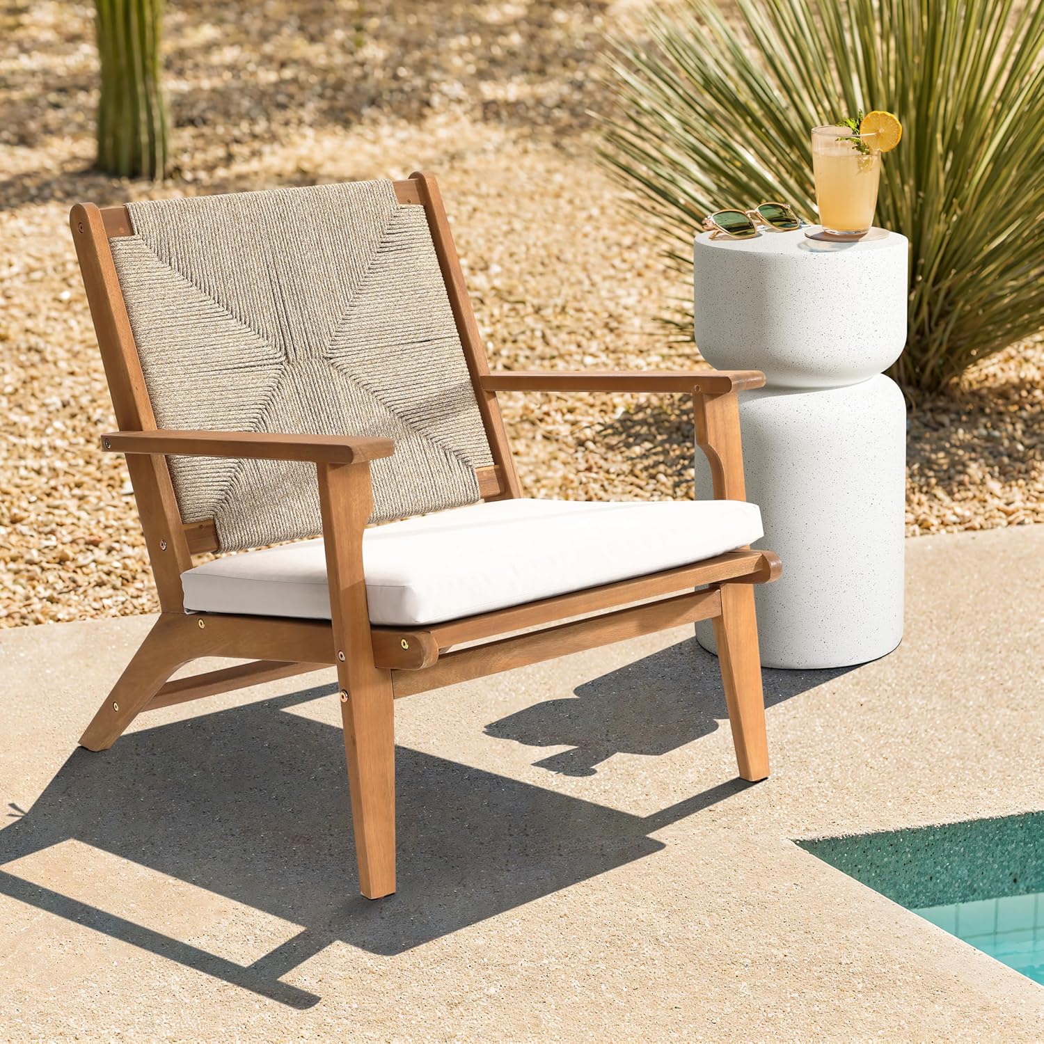 LuxenHome Outdoor Patio Chair, Acacia Wood Deck Armchair with Seat Cushion, Side Chairs for Living Room, Firepit, Outdoor Accent Chairs for Patio, Backyard, Garden, Front Porch, Lawn