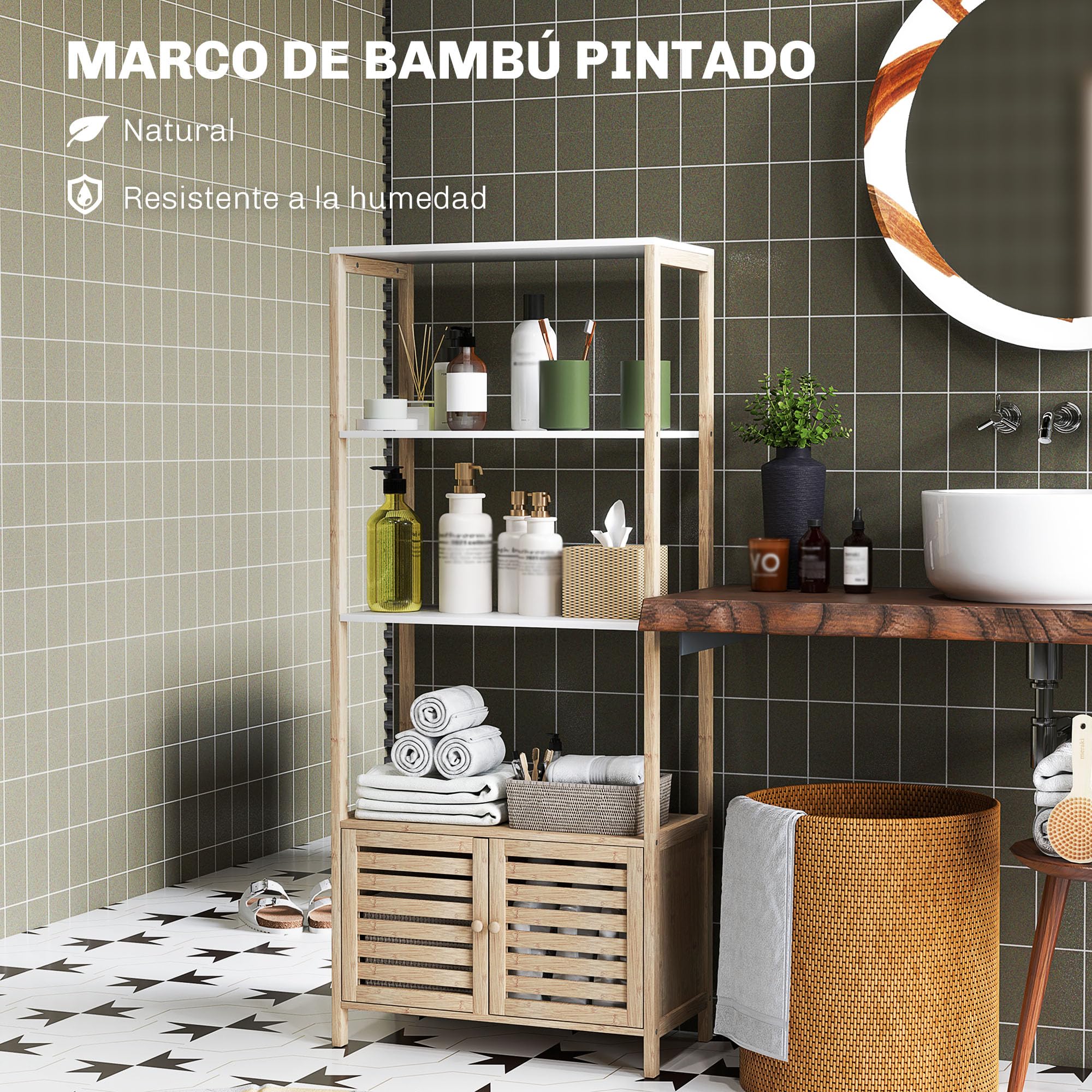 HOMCOM Estantería de Baño de Bambú con 3 Estantes Abiertos Estantería de Almacenaje con Puertas de Lamas 63x30x138 cm Natural y Blanco