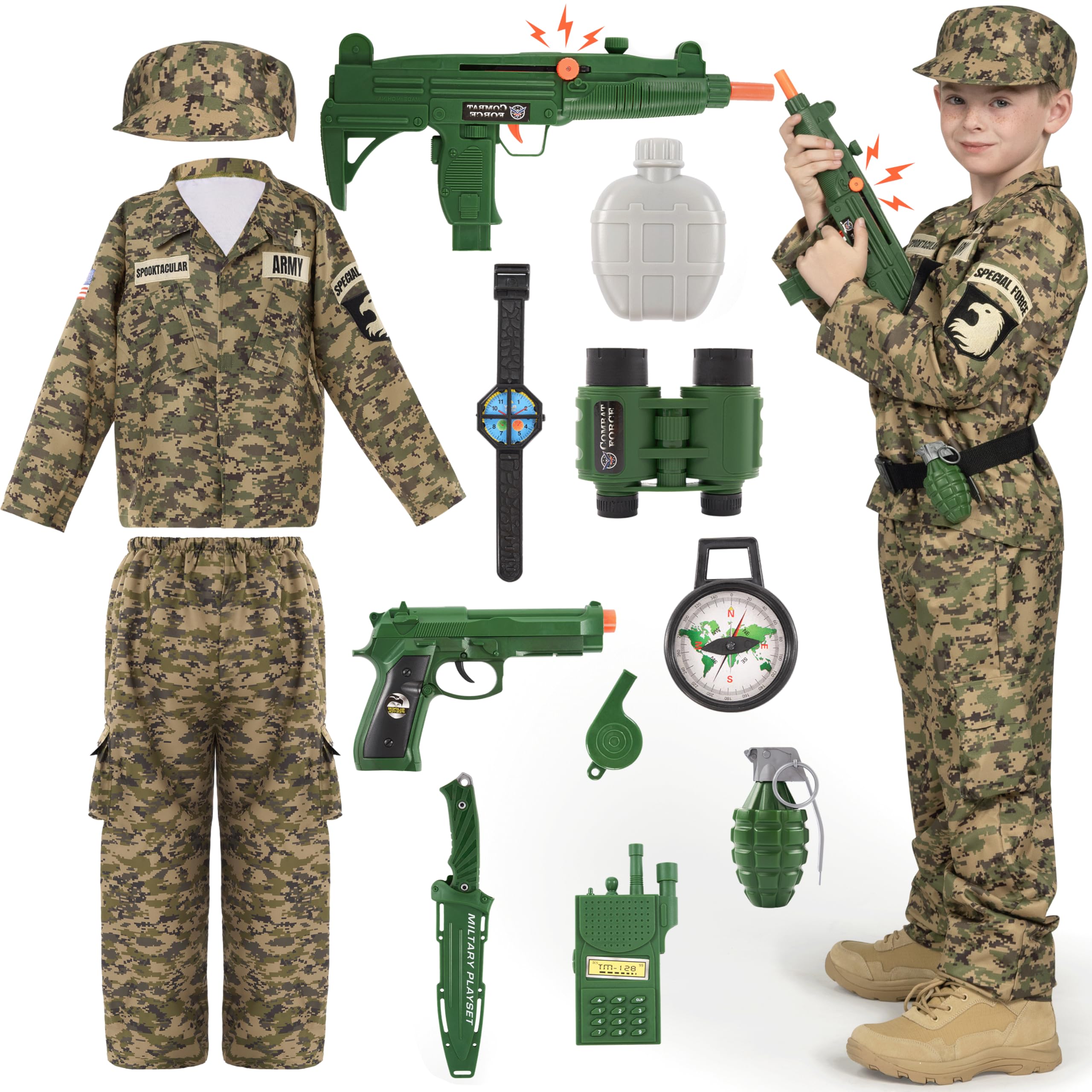 Spooktacular Creations Boys Military Costume, Army Soldier Costume, Camo Costume with Toy Accessories for Halloween