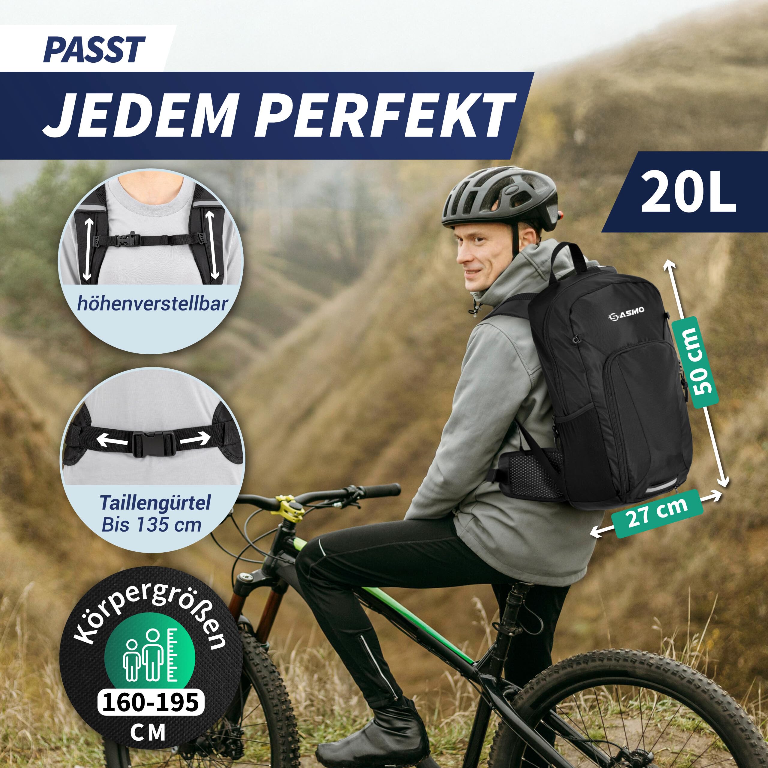 SASMO® Fahrradrucksack 20L / 25L -inkl. Gurttasche, Thermofach, Helmnetz | MTB Rucksack - Ultraleicht | Fahrrad Rucksack wasserdicht - Regenschutz | Trinkrucksack Fahrrad für Tages Trips