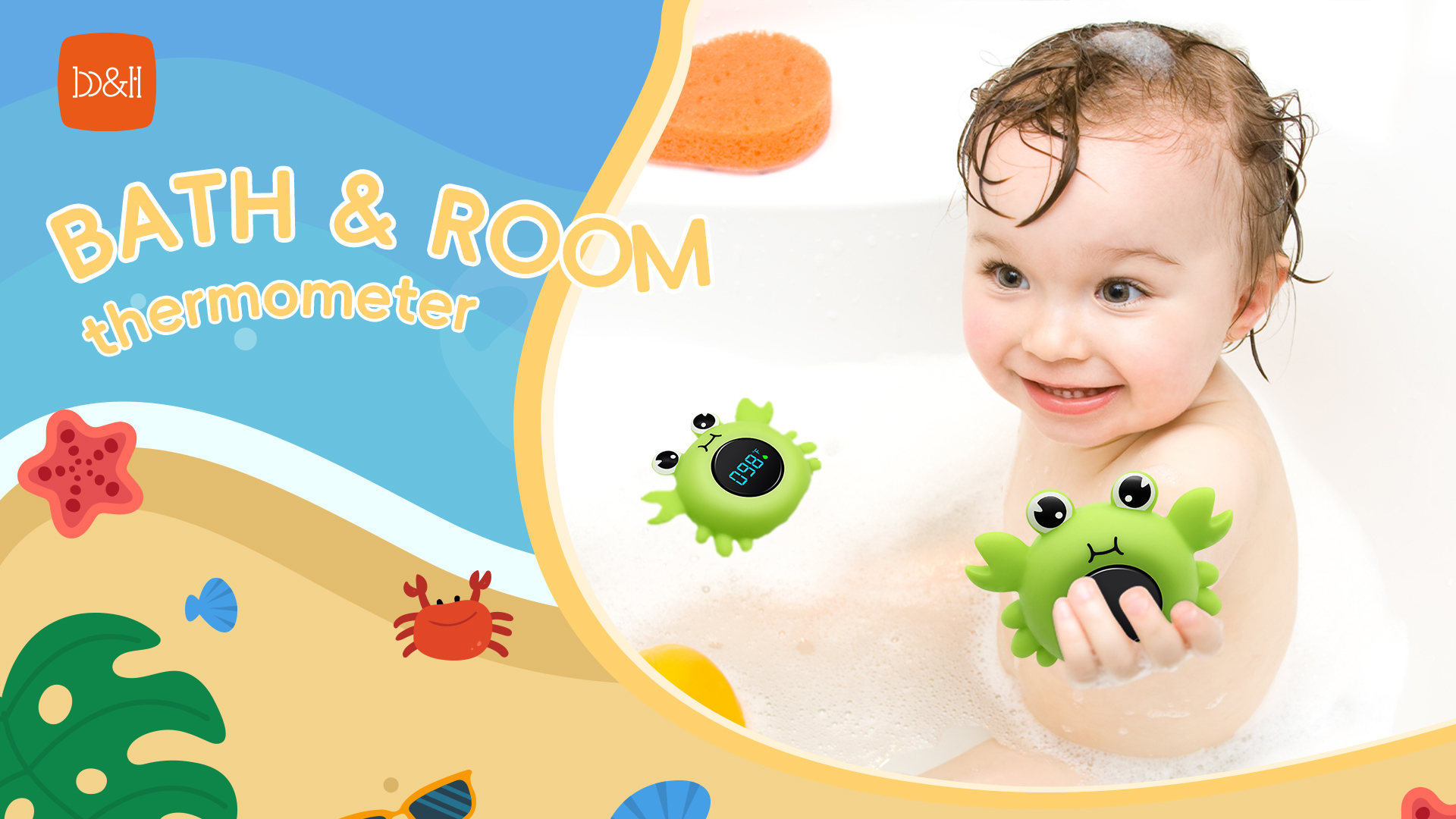 Image of b&h Baby Bath Thermometer, Crab Floating Water Temperature Thermometer | LED Display Screen, Water & Room Temp Thermometer for Infants, Color-Coded Alerts, Safety Floating Bath Toy