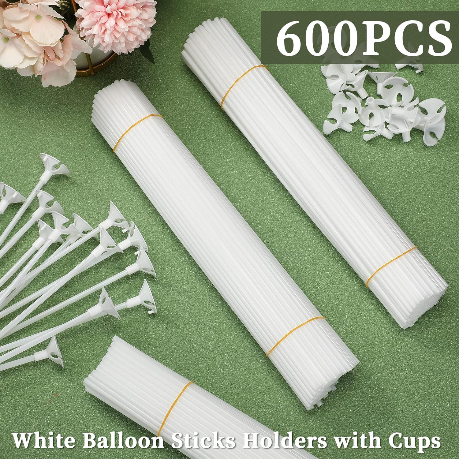 600 Pcs Plastic Balloon Sticks with Cups, Reusable Balloon Holder for Balloon Stand Birthday Christmas Party Wedding Anniversary Decoration(White)