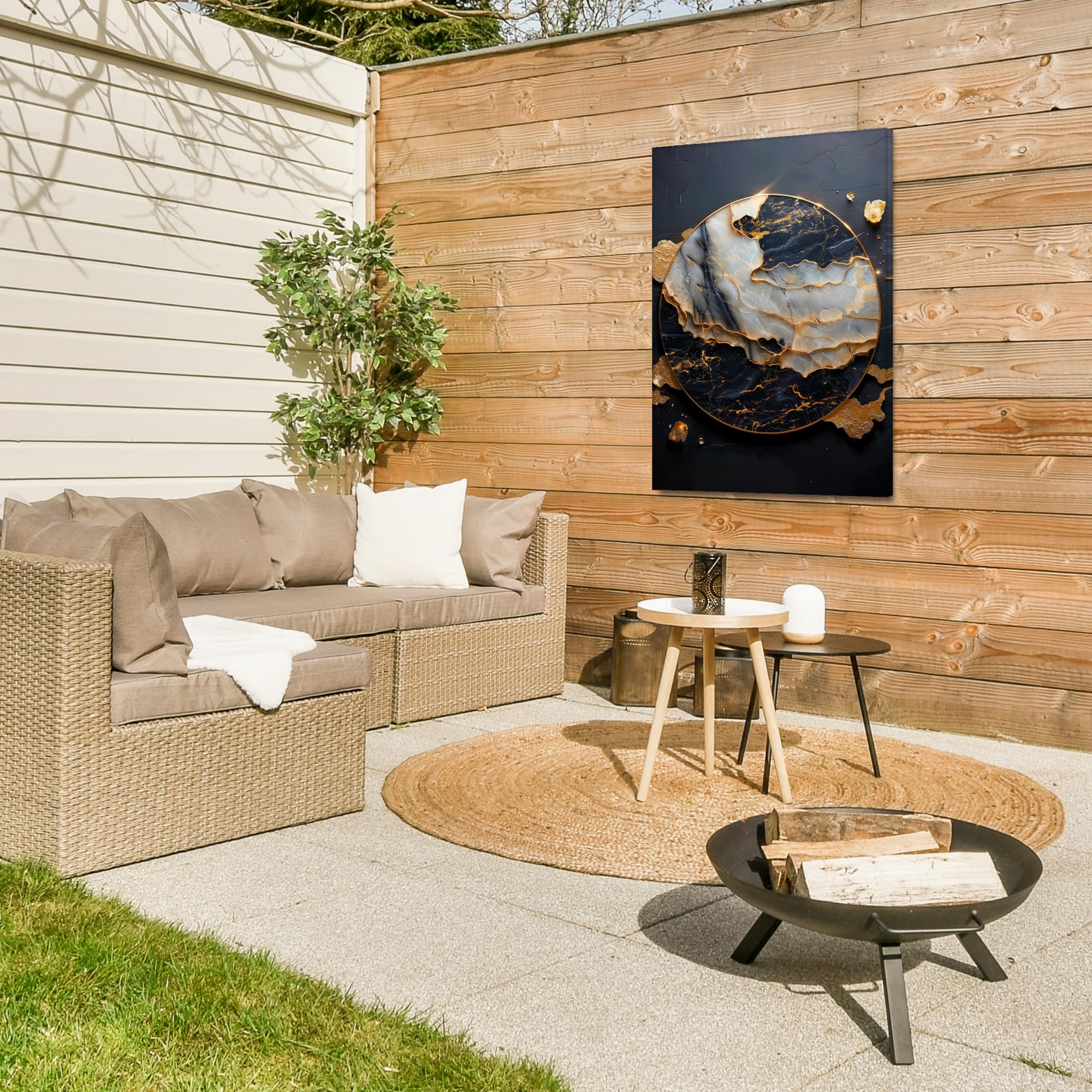 Gartenbilder 80x120 cm Wetterfeste Leinwand Outdoor Bild Terrasse Deko Balkon Wetterfest Gartenposter Foto Geschenk Draußen Kunst - Gold - Schwarz - Modern - Abstrakt