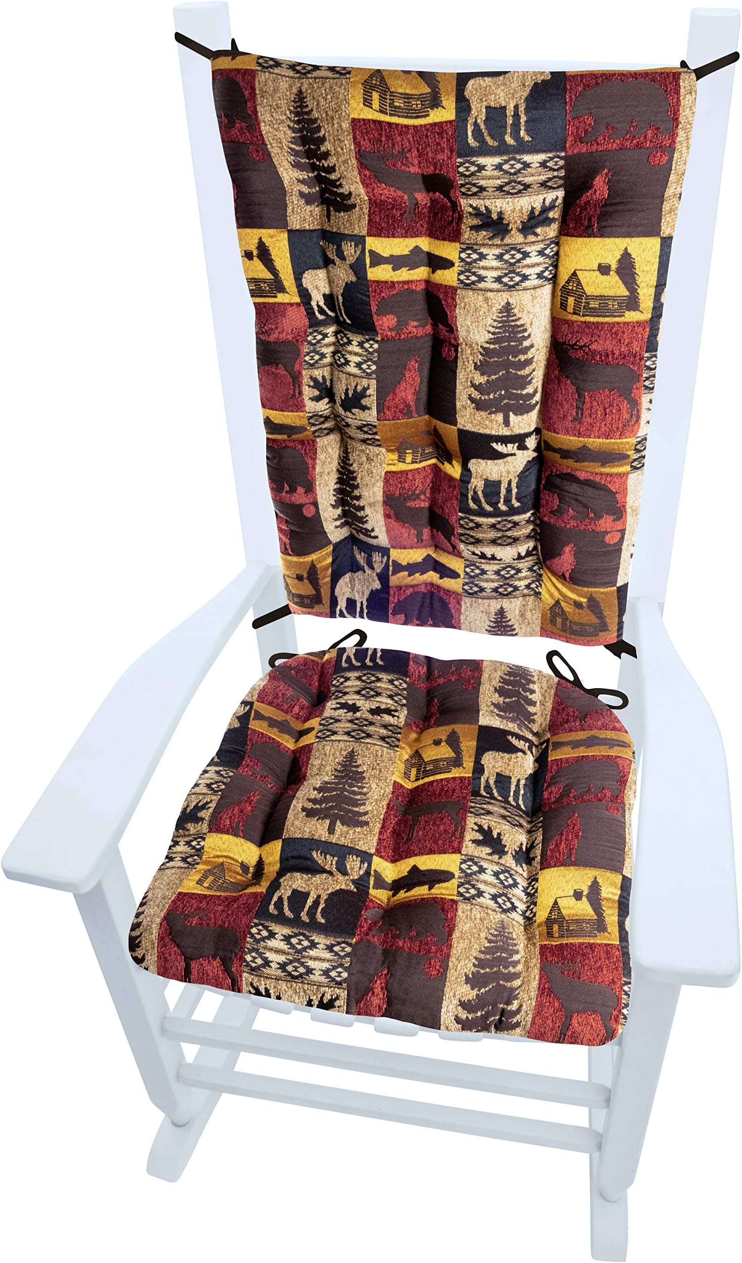 Fairbanks Red Rocking Chair Cushions with Ties - Extra-Large - Latex Foam Fill Cushion - Woodlands Rustic Lodge & Lake House Décor
