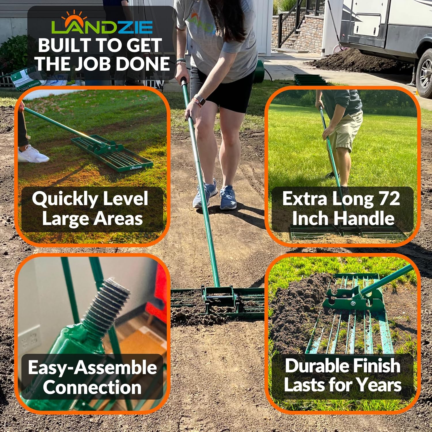 LANDZIE - The Original Lawn Leveling Rake – 48" Steel Handle Yard Leveler, Lawn Level Tool for Creating a Flat Surface - Works for Soil, Dirt, Topdressing, and Ground
