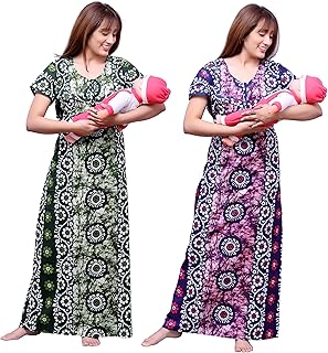 Ankona Feeding Nighty Combo of 2 Pieces in Pure Cotton with 3 zips, First Zip on Neck for Comfortable Wearing &amp; Other 2 zi...