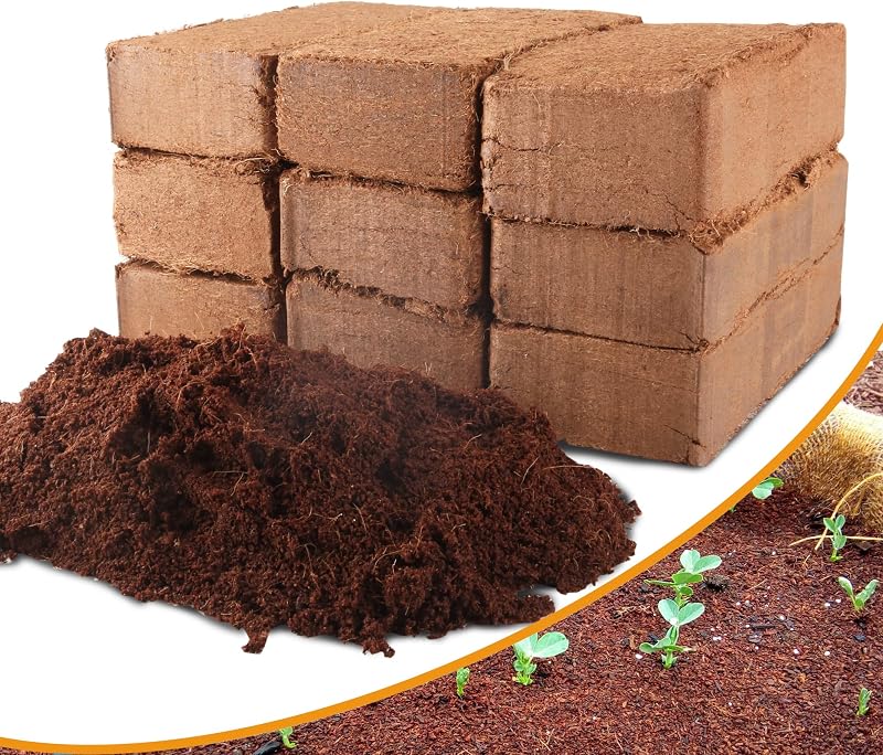 Paquete de 9 ladrillos de fibra de coco orgánico premium para plantas – Bajo EC y equilibrio de pH – Mezcla de turba 100% natural con fibra de cáscara de coco – Perfecto para jardinería, sustrato de tierra para macetas – 12.6 libras