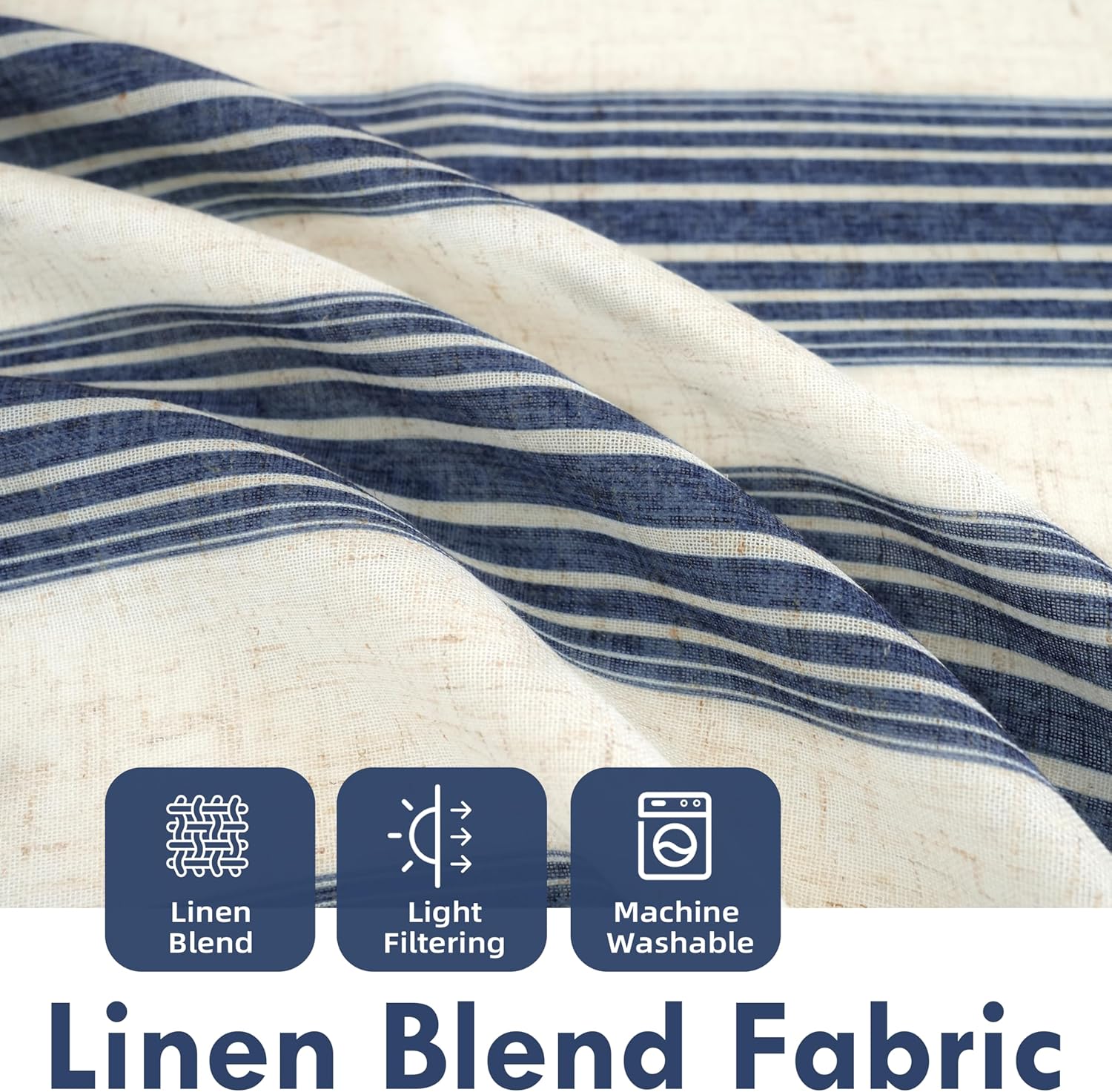 DriftAway Farmhouse Curtains for Living Room Vertical Striped Linen Curtains Semi Sheer Light Filtering Back Tab Rod Pocket Window Treatments, 54 Inches Long, 2 Panels, Dark Blue on Beige