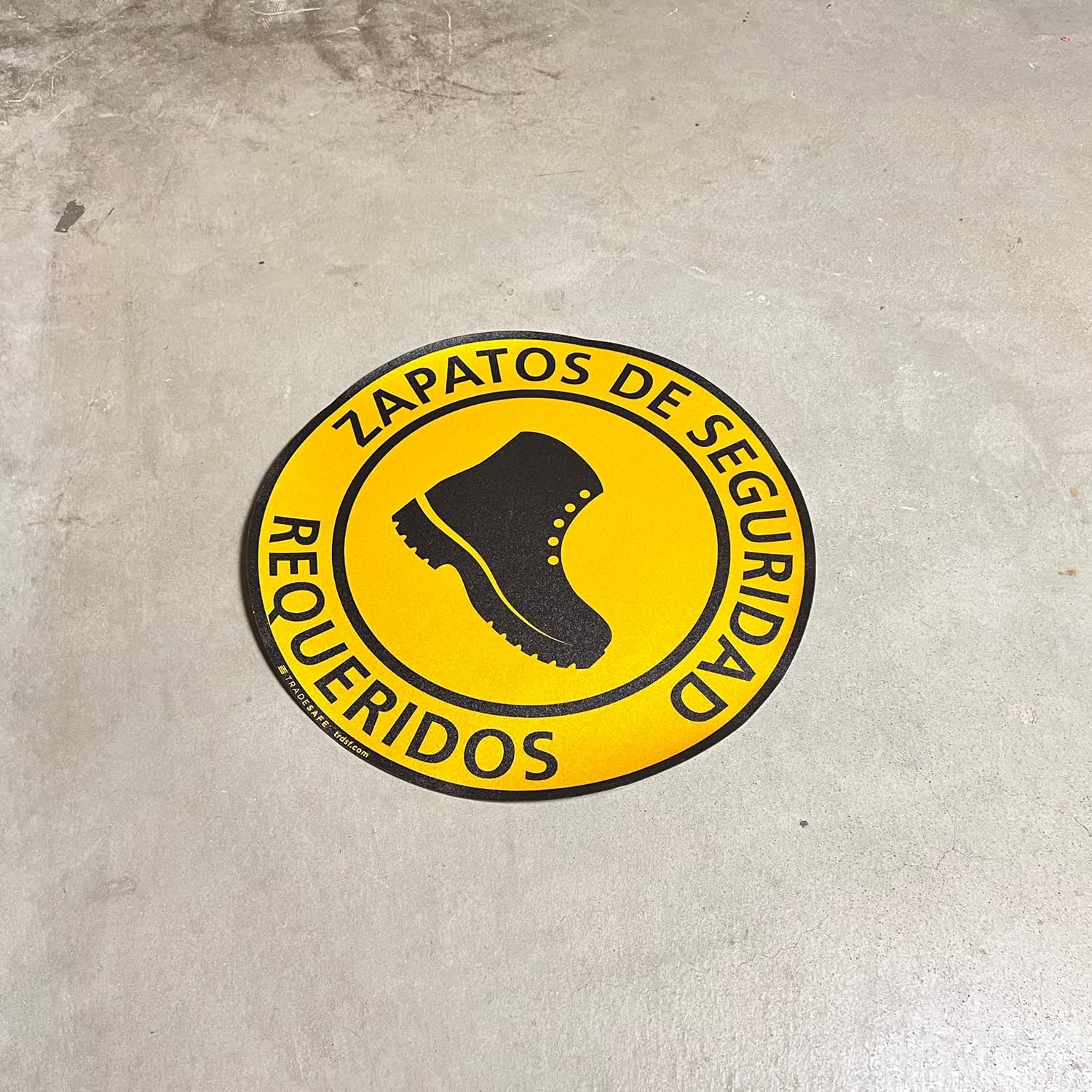 TRADESAFE Safety Shoes Required Anti-Slip Floor Sticker - Zapatos de Seguridad Requeridos Caution Sign, Peel and Stick Adhesive Vinyl Sign, ANSI-Compliant, 17” Diameter Round Sticker