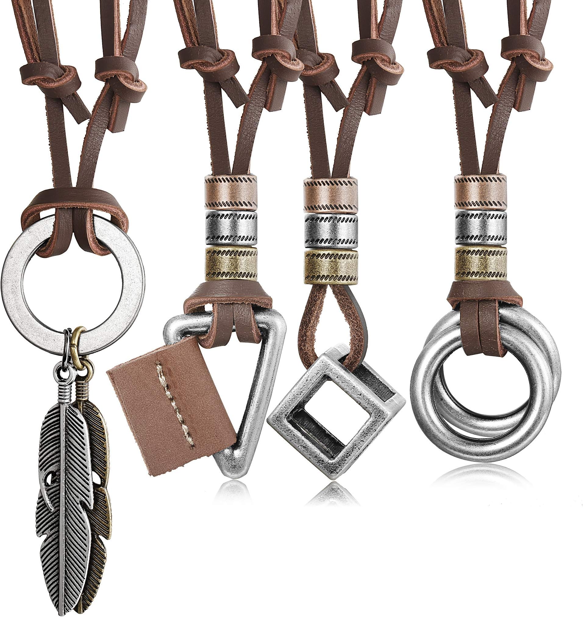 JOERICA 4Pcs Leather Necklace for Men Women Vintage Black Leather Pendant Necklaces Adjustable