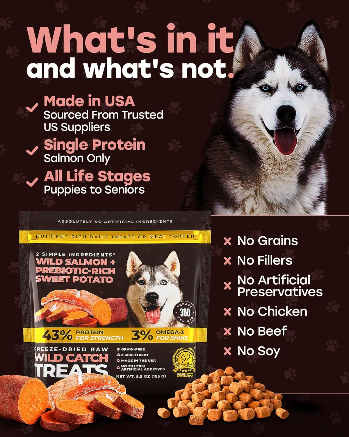 Wild Catch Treats – Freeze Dried Salmon & Sweet Potato Dog Treats – Single Protein, 43% Protein, 3% Omega-3 – Raw Training Treats & Meal Topper – Grain Free – 5.5 oz (300 Count)