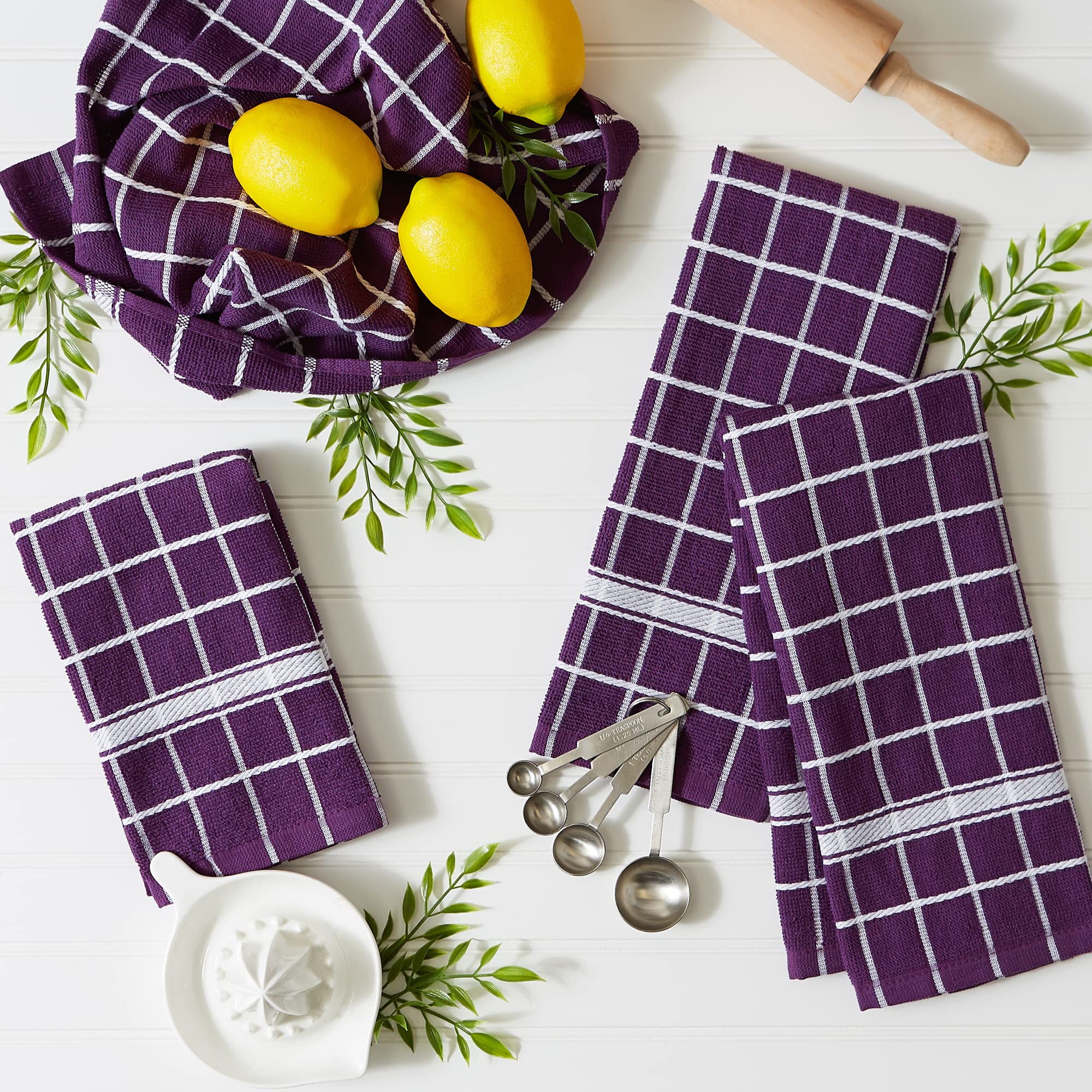 DII Cotton Terry Windowpane Dish Towels, 16 x 26" Set of 4, Machine Washable and Ultra Absorbent Kitchen Bar Towels-Eggplant Check 4