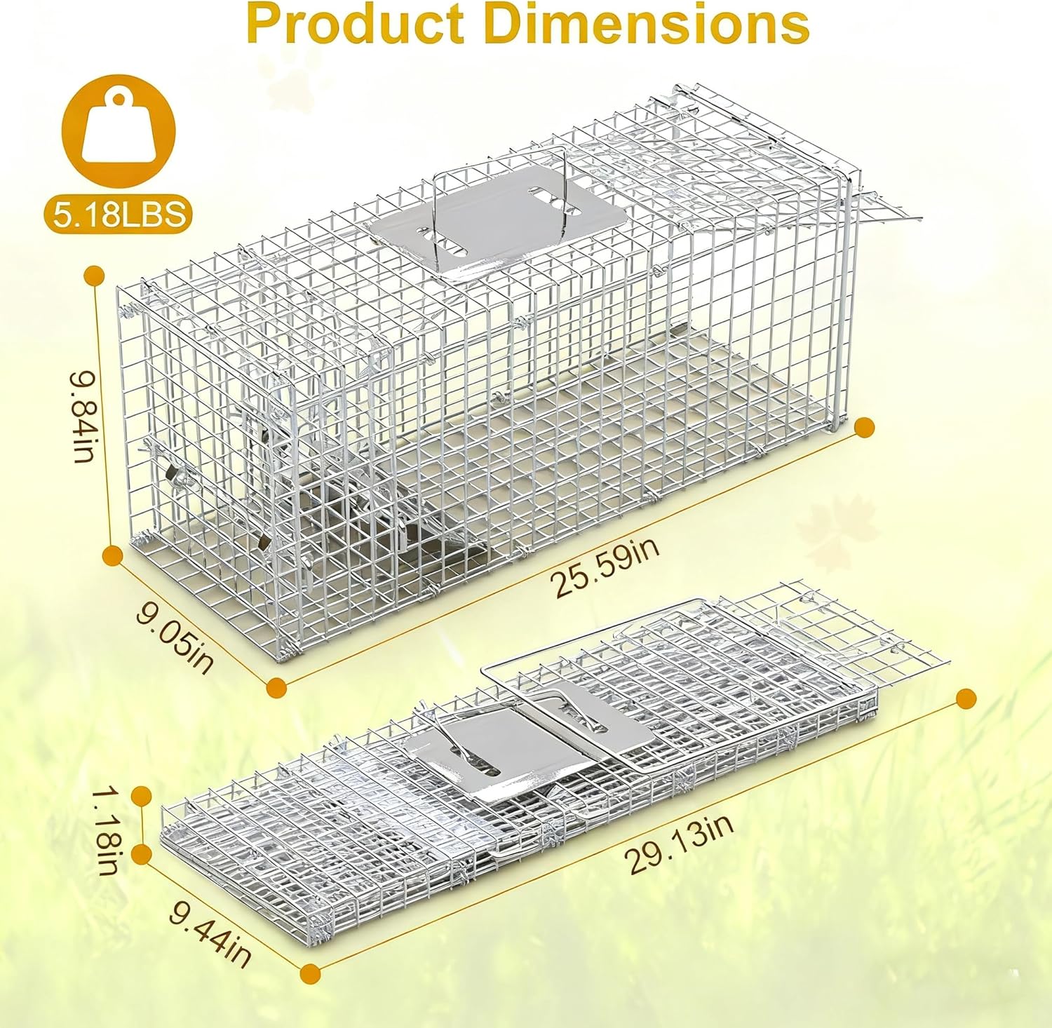 Live Humane Animal Trap Cage Cat Trap Folding Catch and Release for Raccoons Opossums Skunks Feral Cats Squirrels Rabbit 25.59Inch