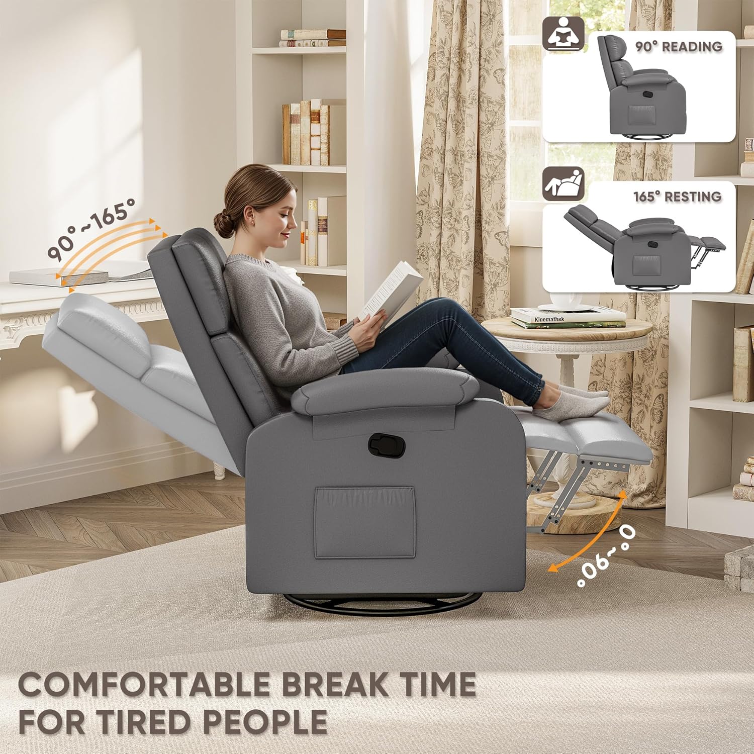 Homall Recliner Chair, 360 Swivel Rocking Chair for Adults, Massage Nursery Chair with Adjustable Backrest and Footrest, PU Leather Glider Rocker Recliners with Side Pocket for Living Room (Grey)